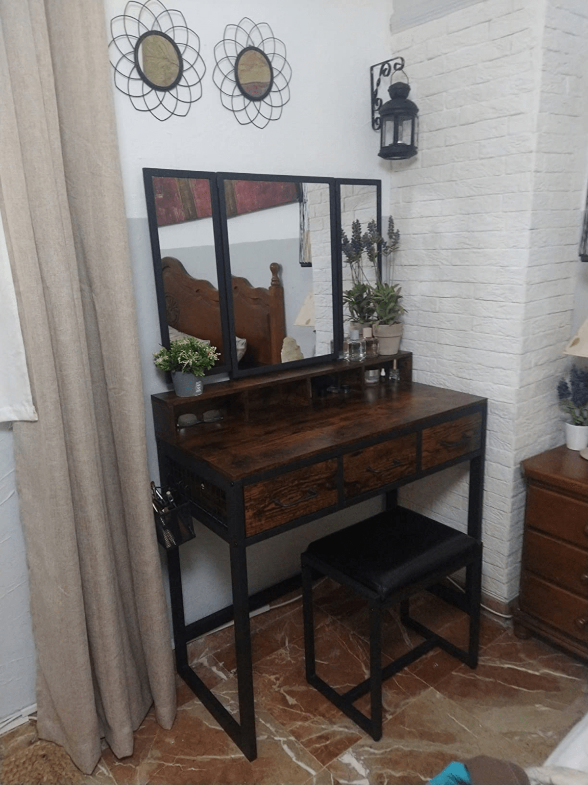 Dressing Table with Mirror and Stool Vanity Table Mirror Makeup Desk 3 Drawers - Home and Garden Furniture Shop - rustic - furniture