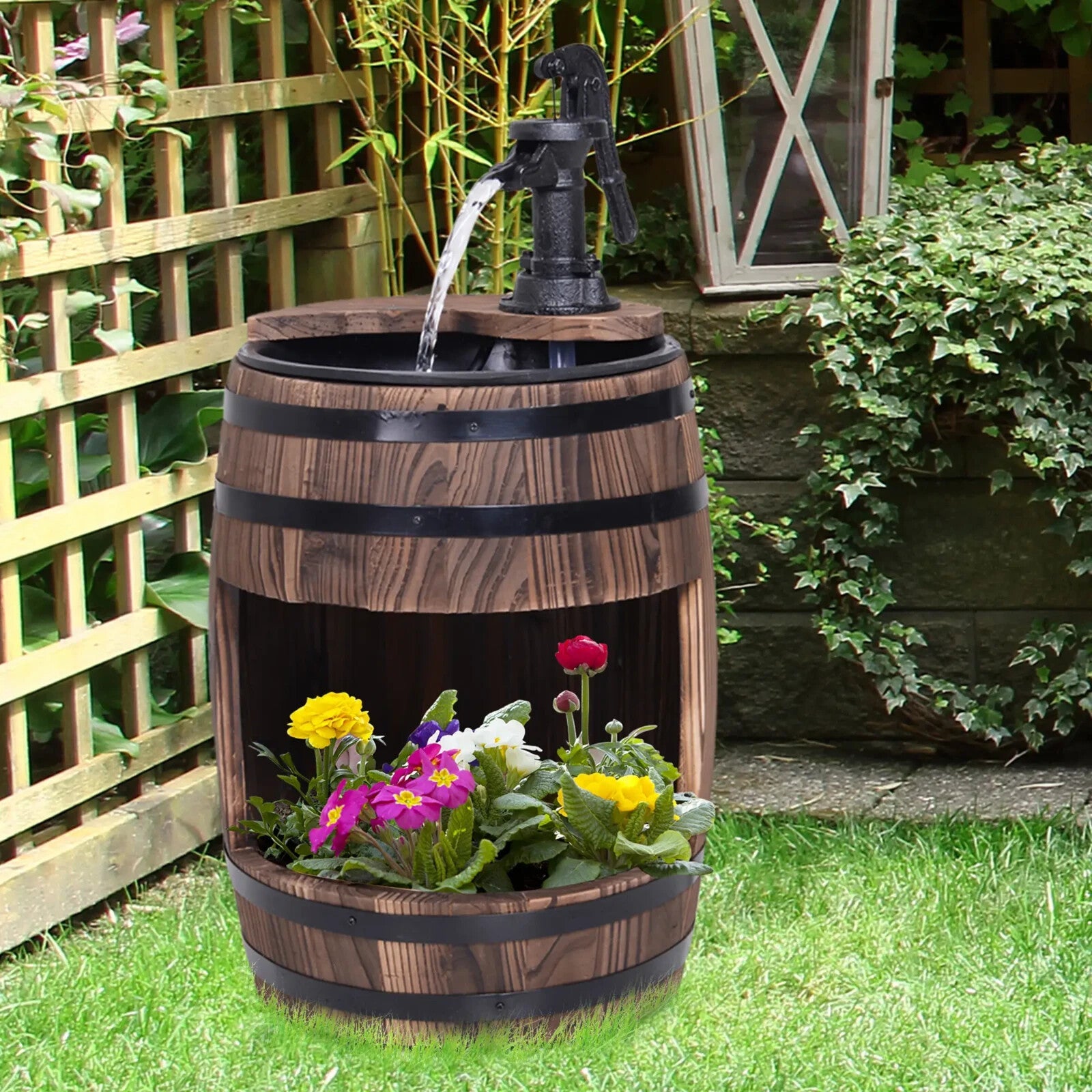 Fir Wood Barrel Pump Fountain With Flower Planter Garden Water Feature 27 x 59cm - Home and Garden Furniture Shop - rustic - furniture