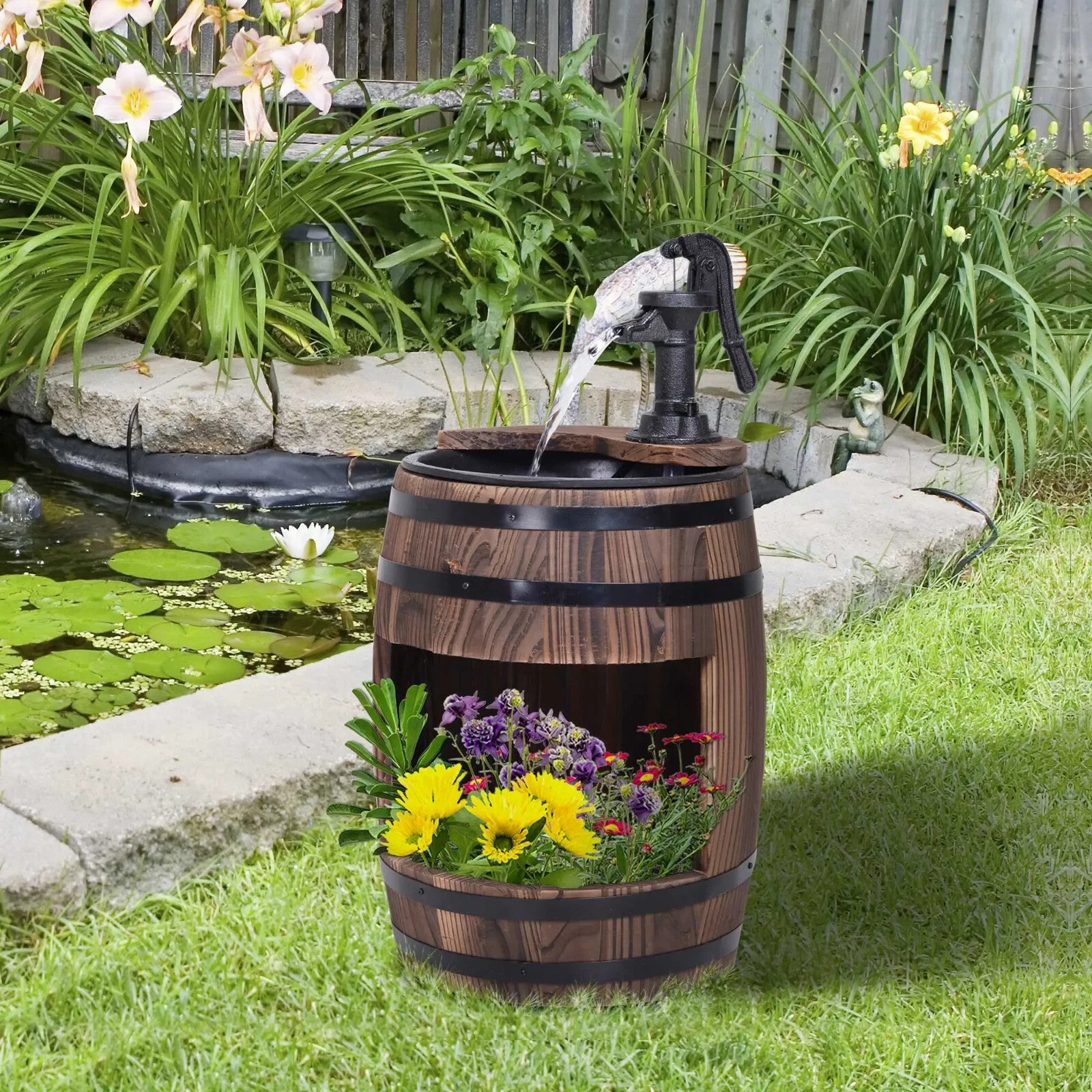 Fir Wood Barrel Pump Fountain With Flower Planter Garden Water Feature 27 x 59cm - Home and Garden Furniture Shop - rustic - furniture
