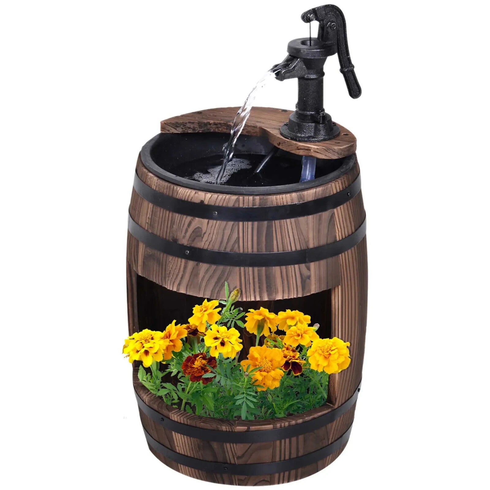 Fir Wood Barrel Pump Fountain With Flower Planter Garden Water Feature 27 x 59cm - Home and Garden Furniture Shop - rustic - furniture