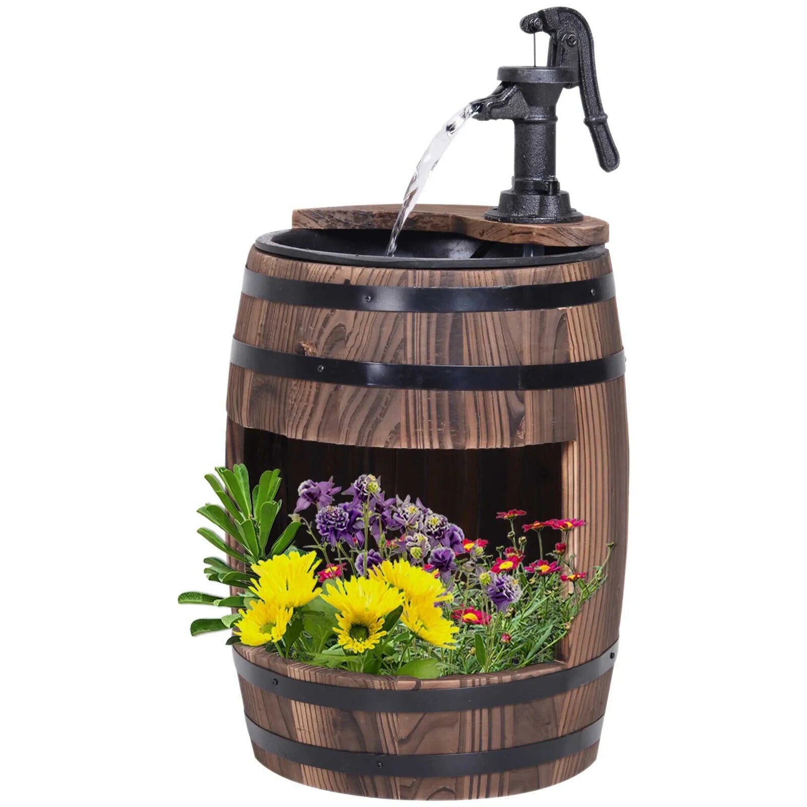 Fir Wood Barrel Pump Fountain With Flower Planter Garden Water Feature 27 x 59cm - Home and Garden Furniture Shop - rustic - furniture