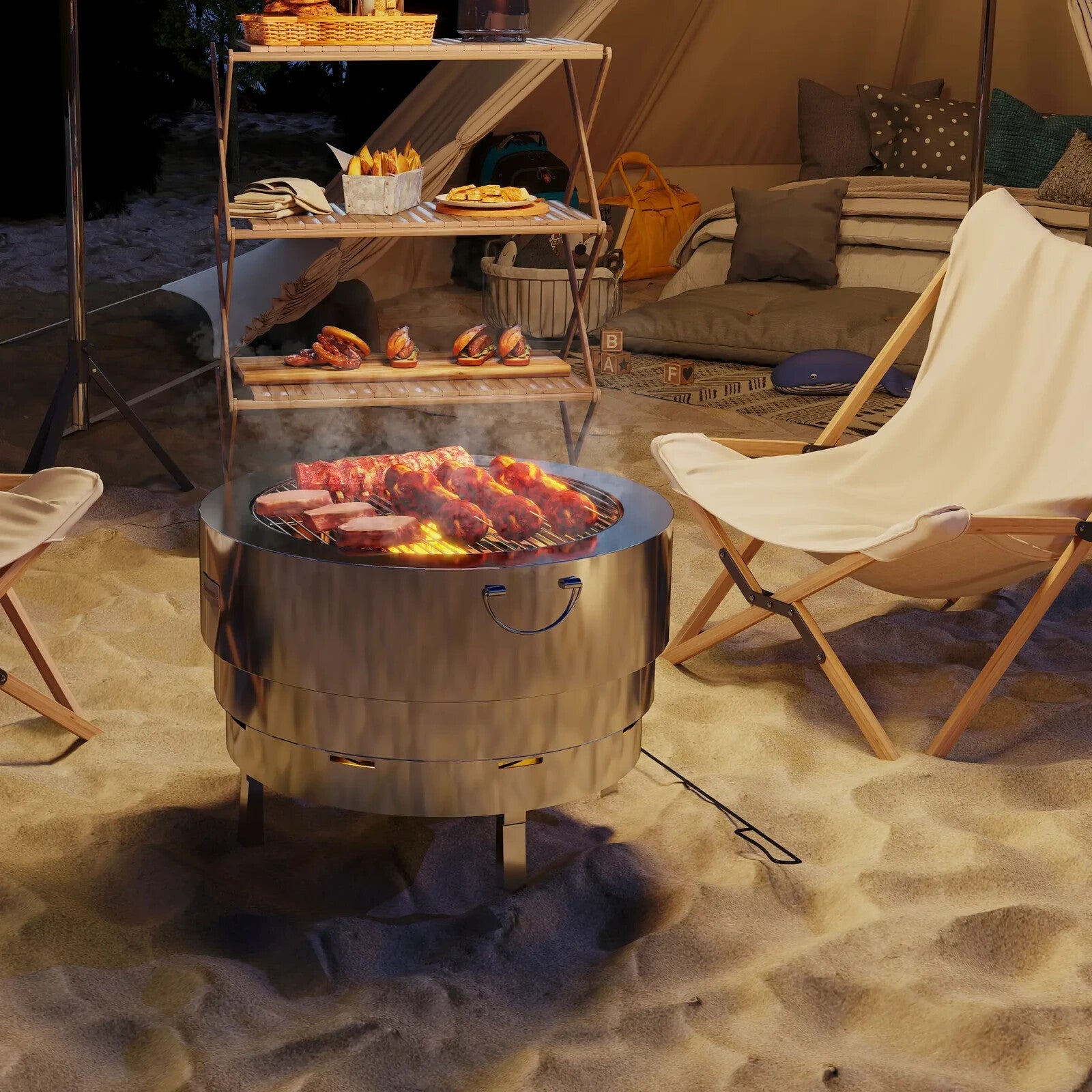 Fire Pit Portable Stainless Steel With Poker, Grill Net & Foldable Legs Silver - Home and Garden Furniture Shop - rustic - furniture