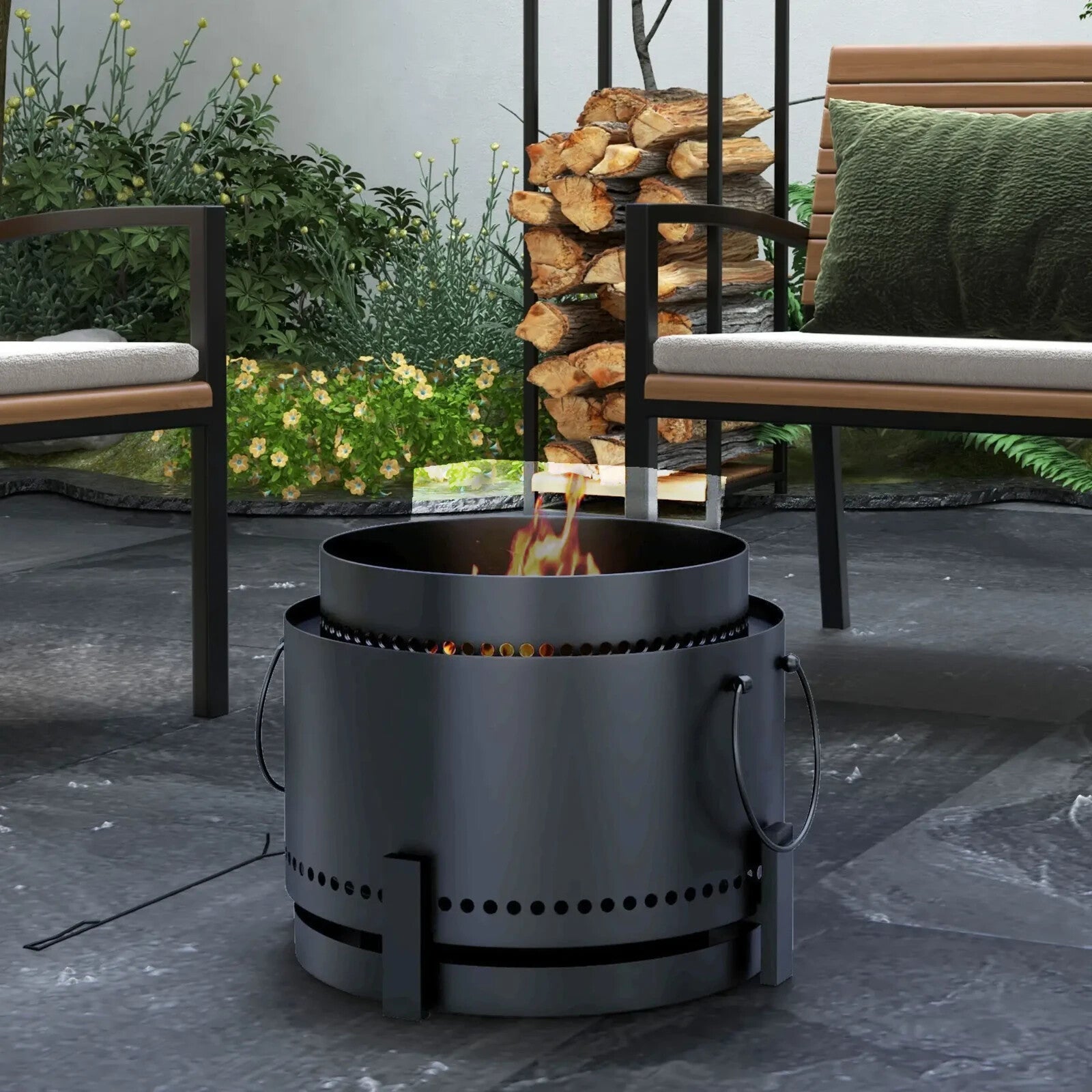 Fire Pit Smokeless Portable Round Metal Frame with Poker & Two Handles Black - Home and Garden Furniture Shop - rustic - furniture