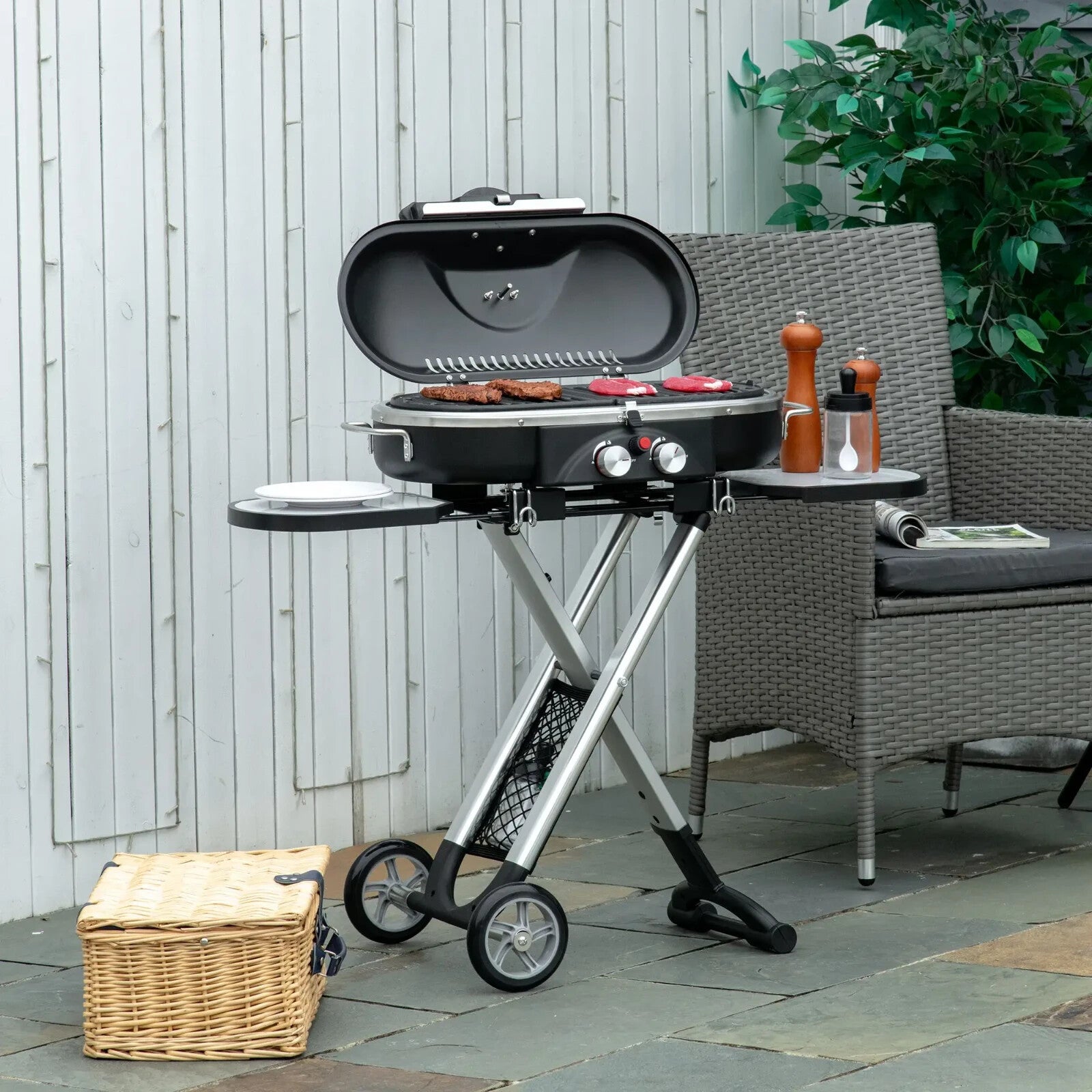 Foldable Gas Barbecue Grill 2 Burner Garden Trolley w/ Lid Side Shelves Ignition - Home and Garden Furniture Shop - rustic - furniture