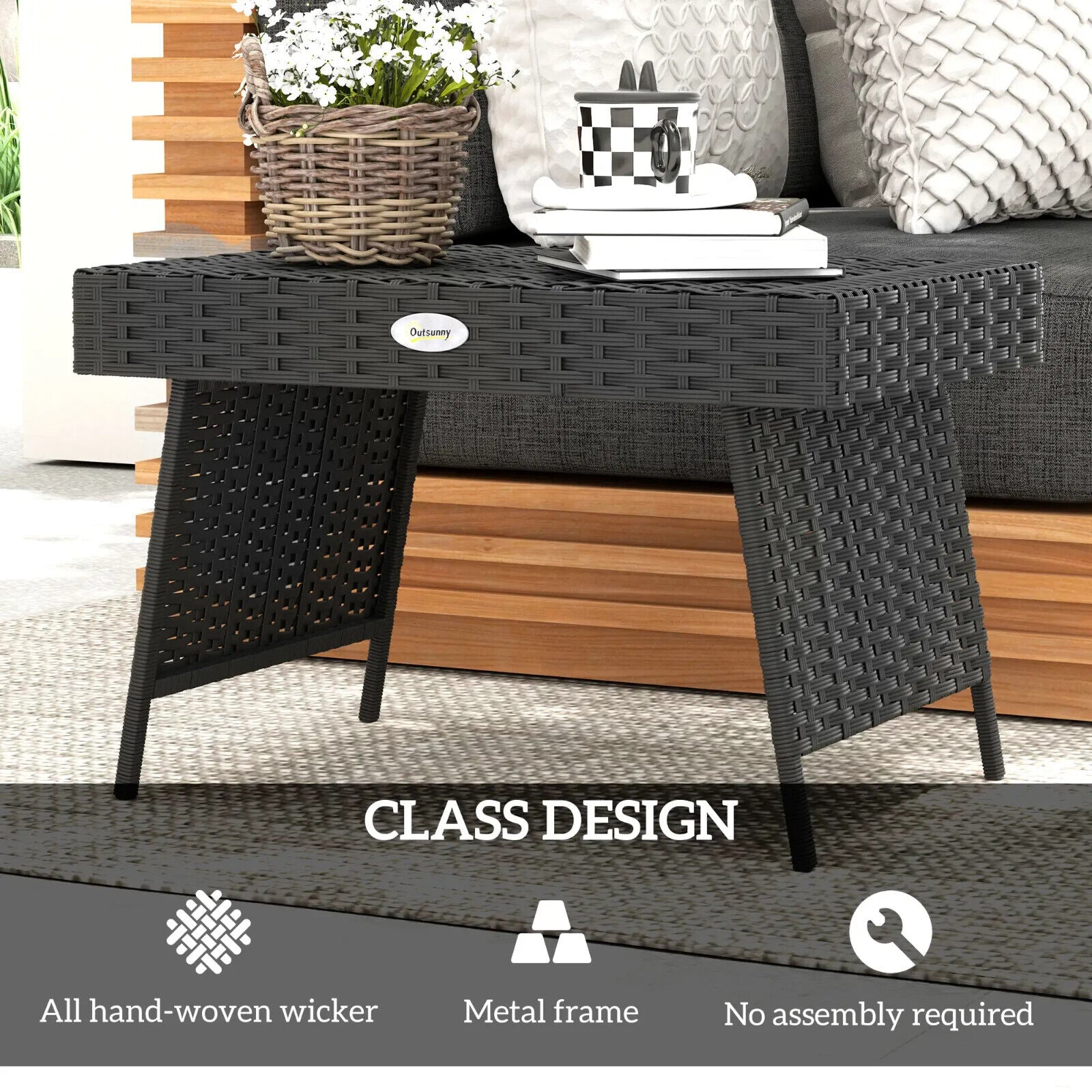 Foldable Rattan Coffee Table Steel Frame Outdoor Side Table for Garden Black - Home and Garden Furniture Shop - #rustic - furniture#