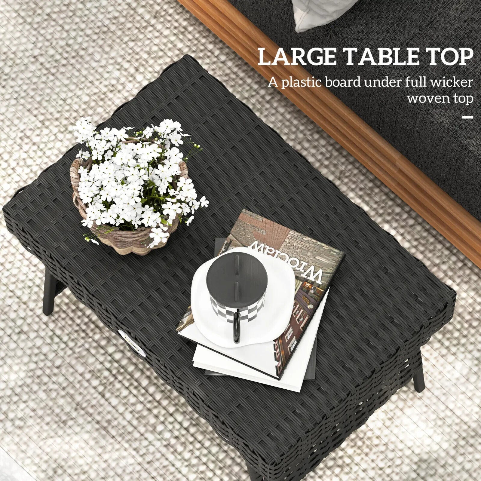 Foldable Rattan Coffee Table Steel Frame Outdoor Side Table for Garden Black - Home and Garden Furniture Shop - #rustic - furniture#
