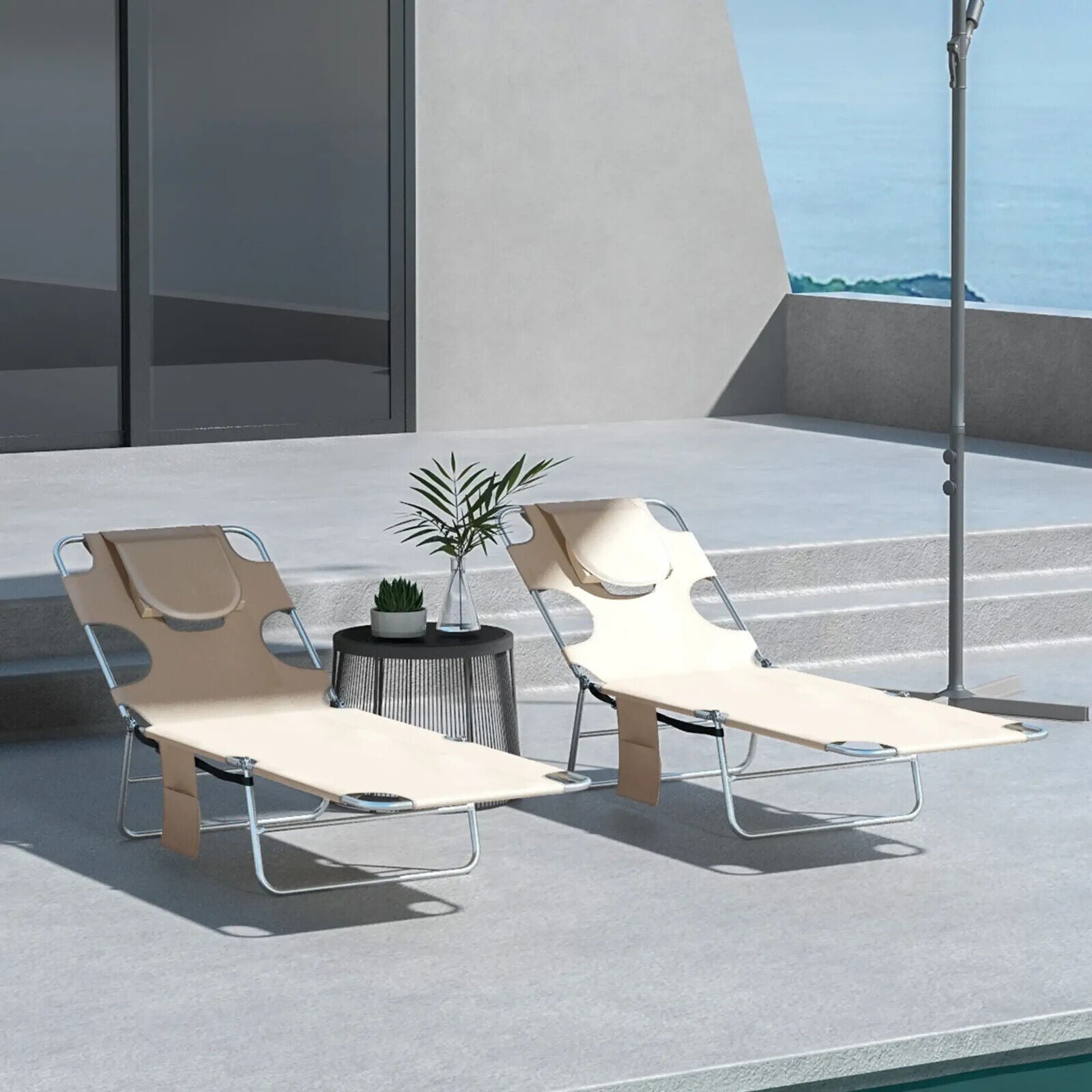 Foldable Sun Lounger Set of 2 Beach Recliners w/ Arm Slots & Adjustable Backrest - Home and Garden Furniture Shop - #rustic - furniture#