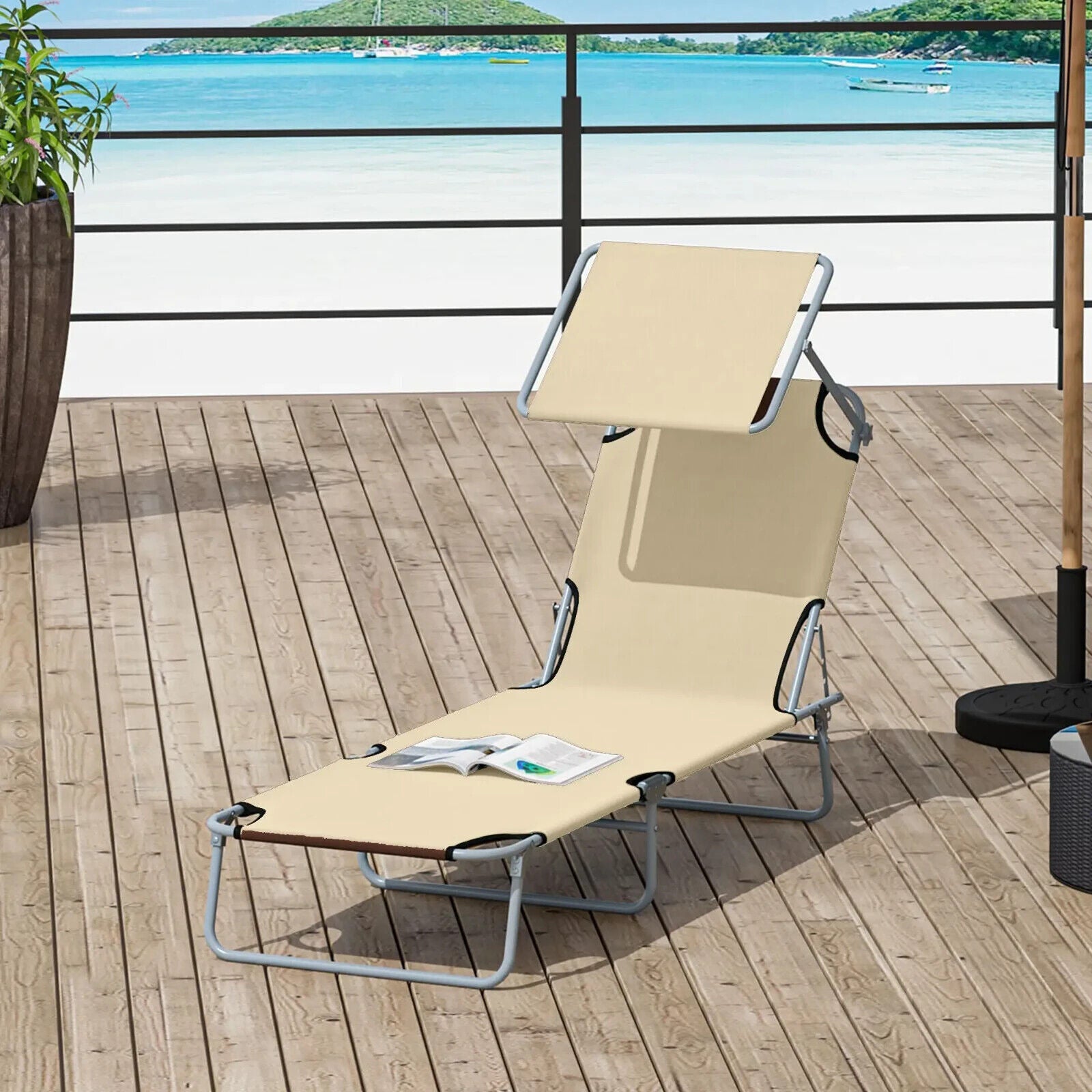 Folding Garden Sun Lounge Chair with Sunshade Recliner Hammock for Outdoor Beige - Home and Garden Furniture Shop - #rustic - furniture#