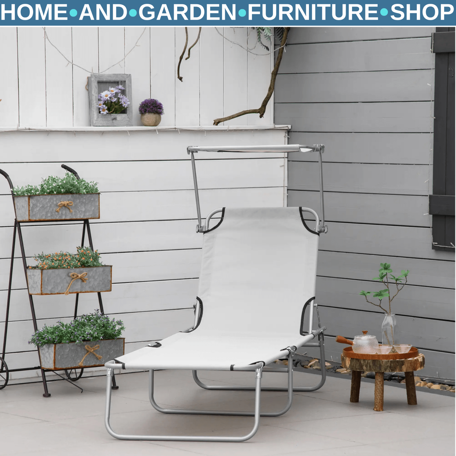Folding Garden Sun Lounger Chair with Sunshade Recliner Hammock for Outdoor Grey - Home and Garden Furniture Shop - #rustic - furniture#