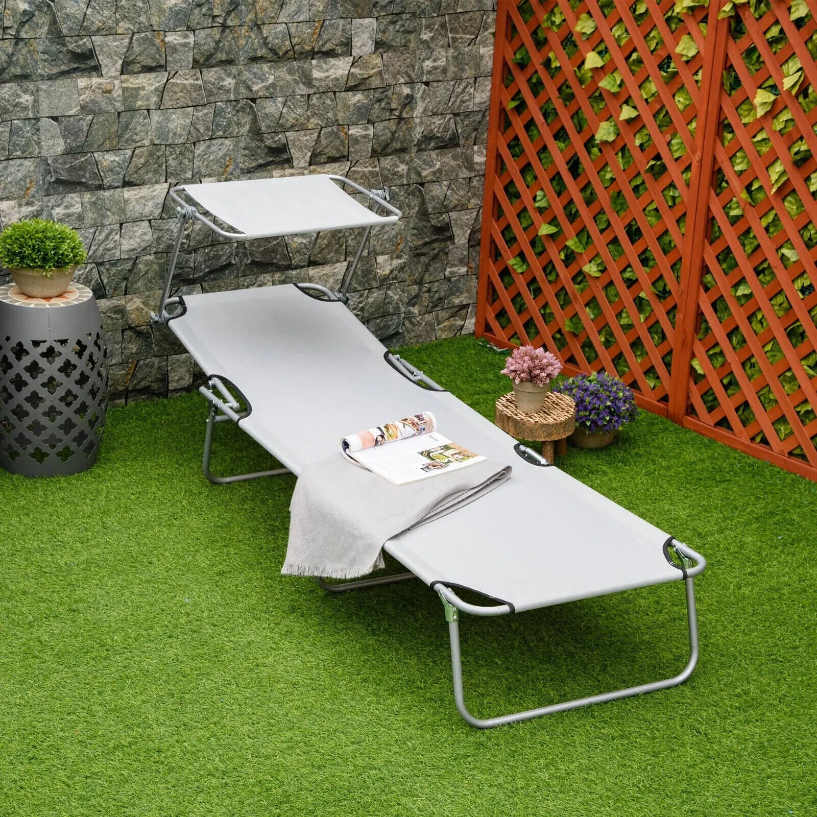 Folding Garden Sun Lounger Chair with Sunshade Recliner Hammock for Outdoor Grey - Home and Garden Furniture Shop - #rustic - furniture#