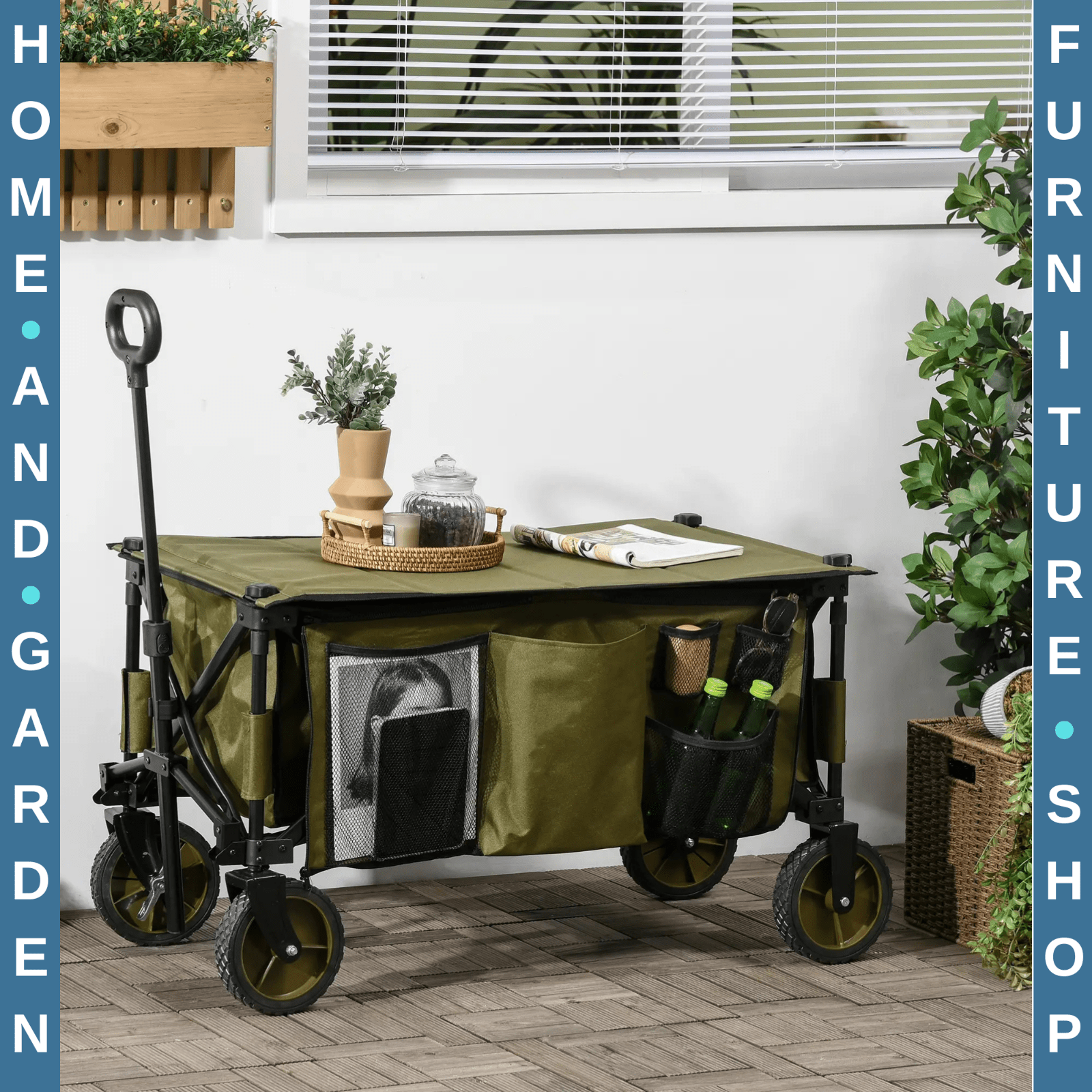 Folding Garden Trolley Wagon on Wheels Collapsible Utility Cart with Table Top - Home and Garden Furniture Shop - rustic - furniture