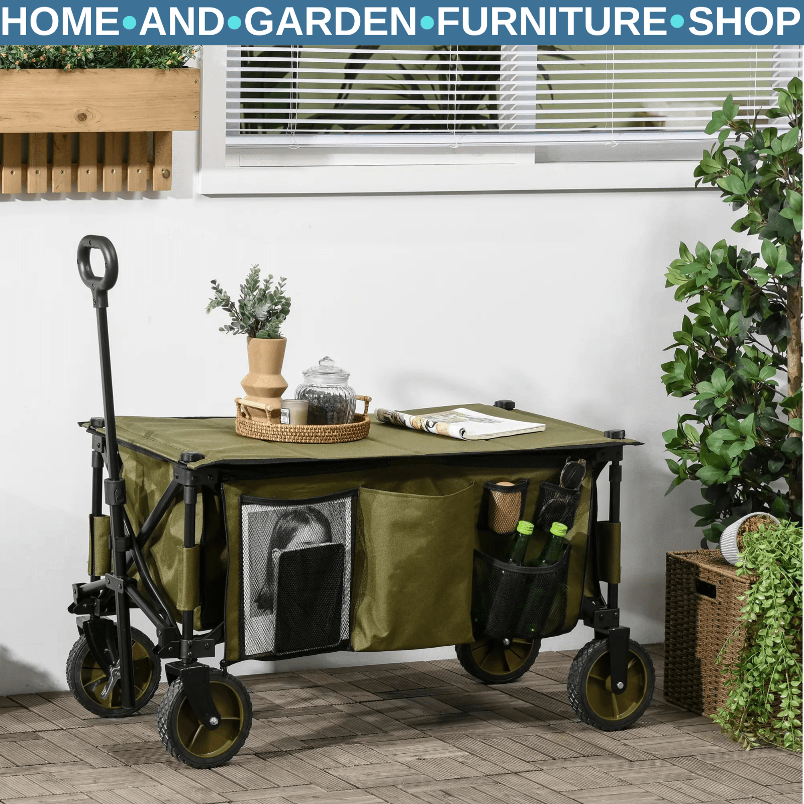 Folding Garden Trolley Wagon on Wheels Collapsible Utility Cart with Table Top - Home and Garden Furniture Shop - rustic - furniture