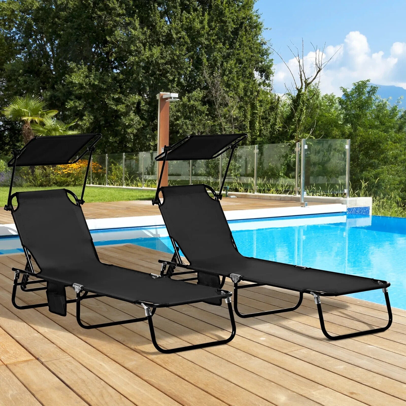 Folding Outdoor Chaise Lounge Pool Chairs with Reclining Back Steel Frame - Home and Garden Furniture Shop - #rustic - furniture#