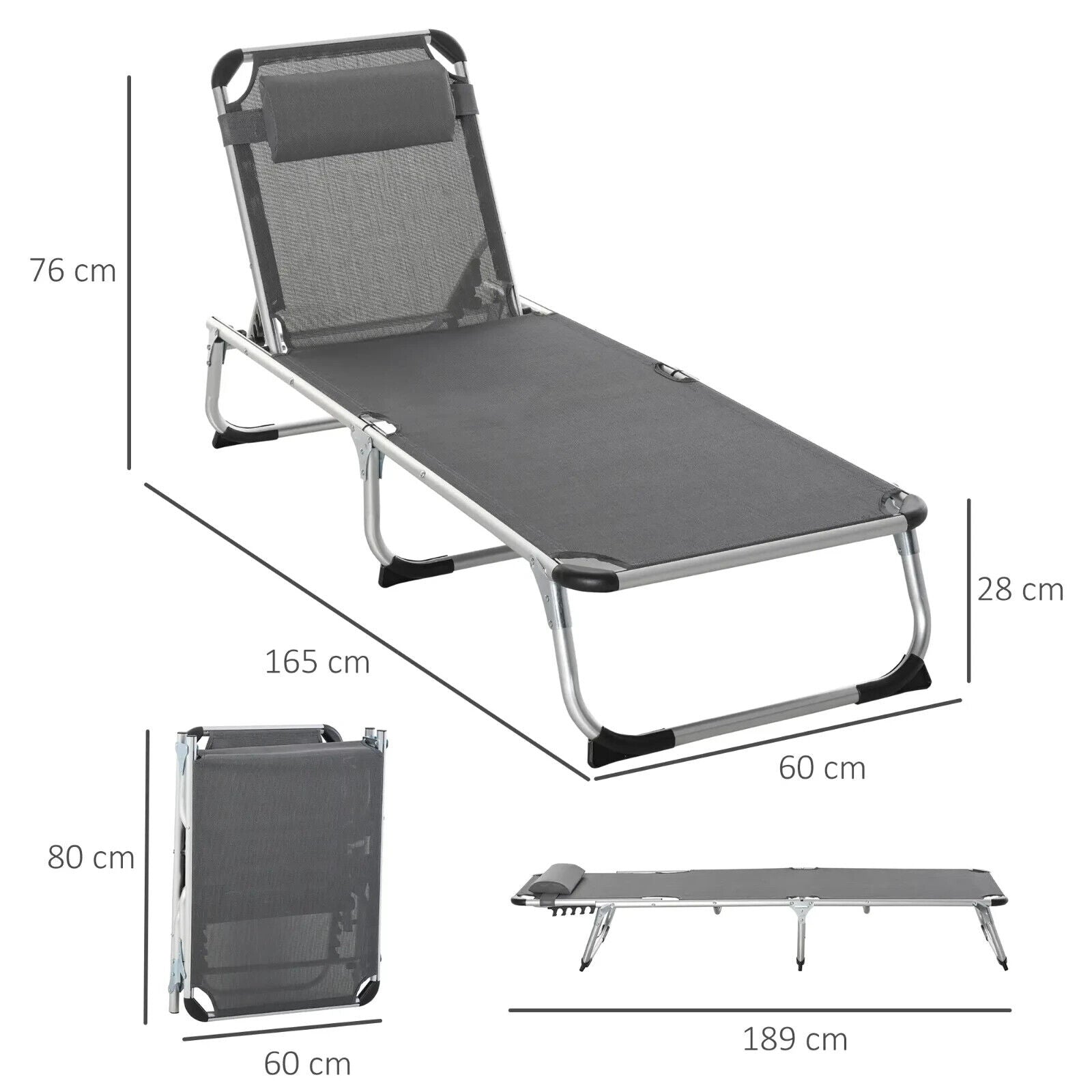 Folding Outdoor Reclining Sun Lounger Chair, Pillow Aluminium Frame Grey Garden - Home and Garden Furniture Shop - #rustic - furniture#