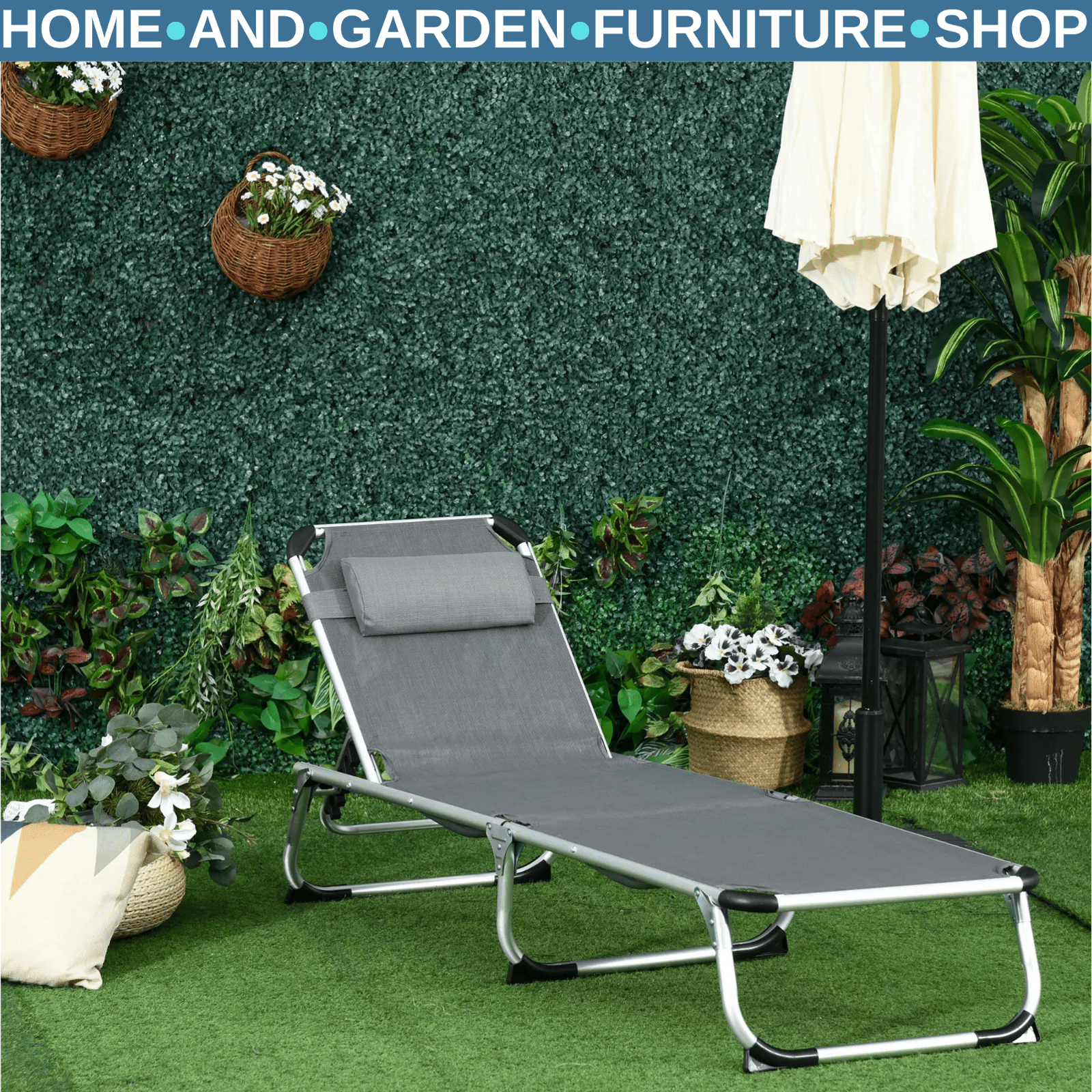 Folding Outdoor Reclining Sun Lounger Chair, Pillow Aluminium Frame Grey Garden - Home and Garden Furniture Shop - #rustic - furniture#