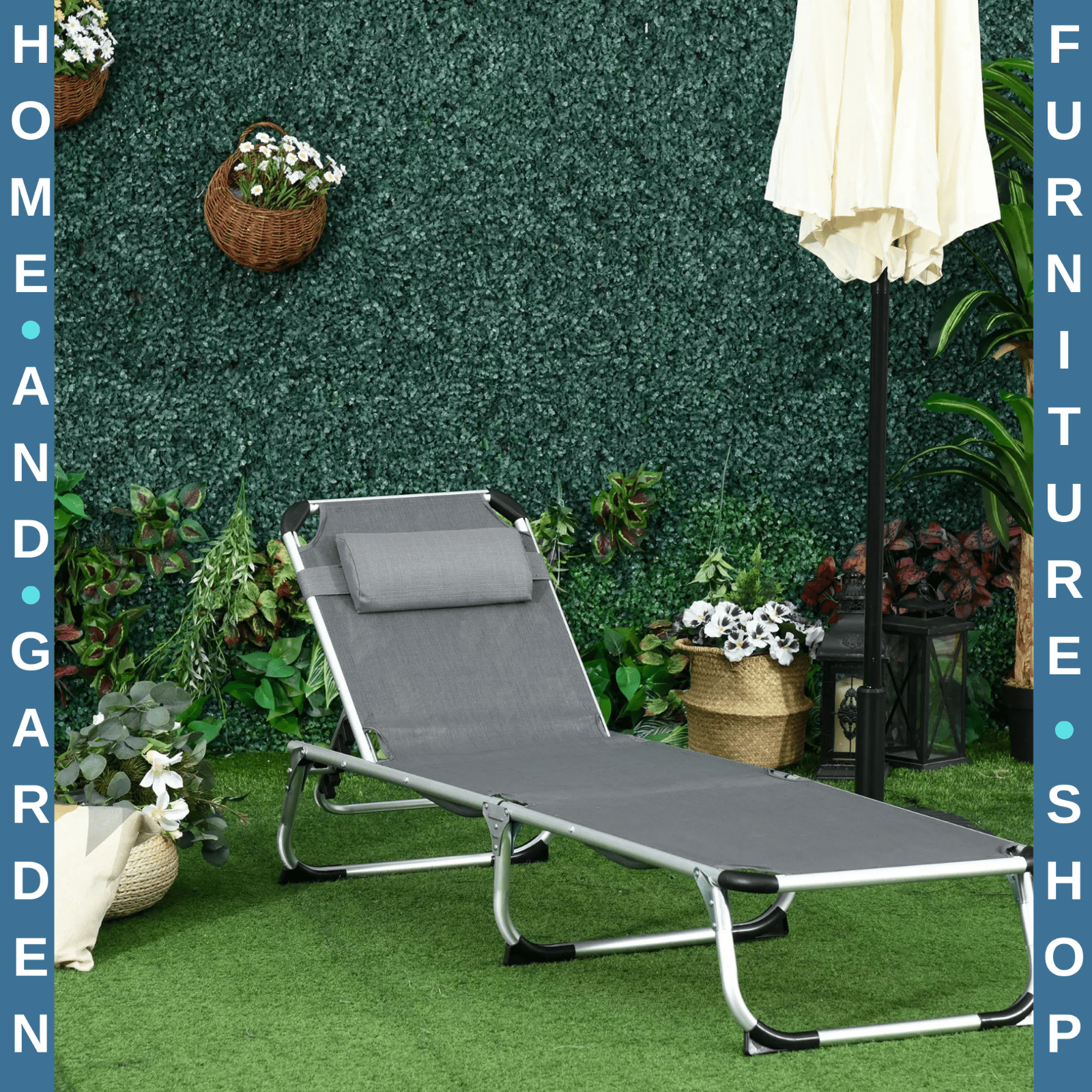 Folding Outdoor Reclining Sun Lounger Chair, Pillow Aluminium Frame Grey Garden - Home and Garden Furniture Shop - #rustic - furniture#