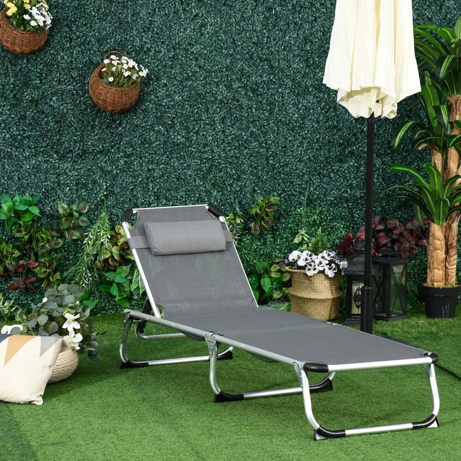 Folding Outdoor Reclining Sun Lounger Chair, Pillow Aluminium Frame Grey Garden - Home and Garden Furniture Shop - #rustic - furniture#