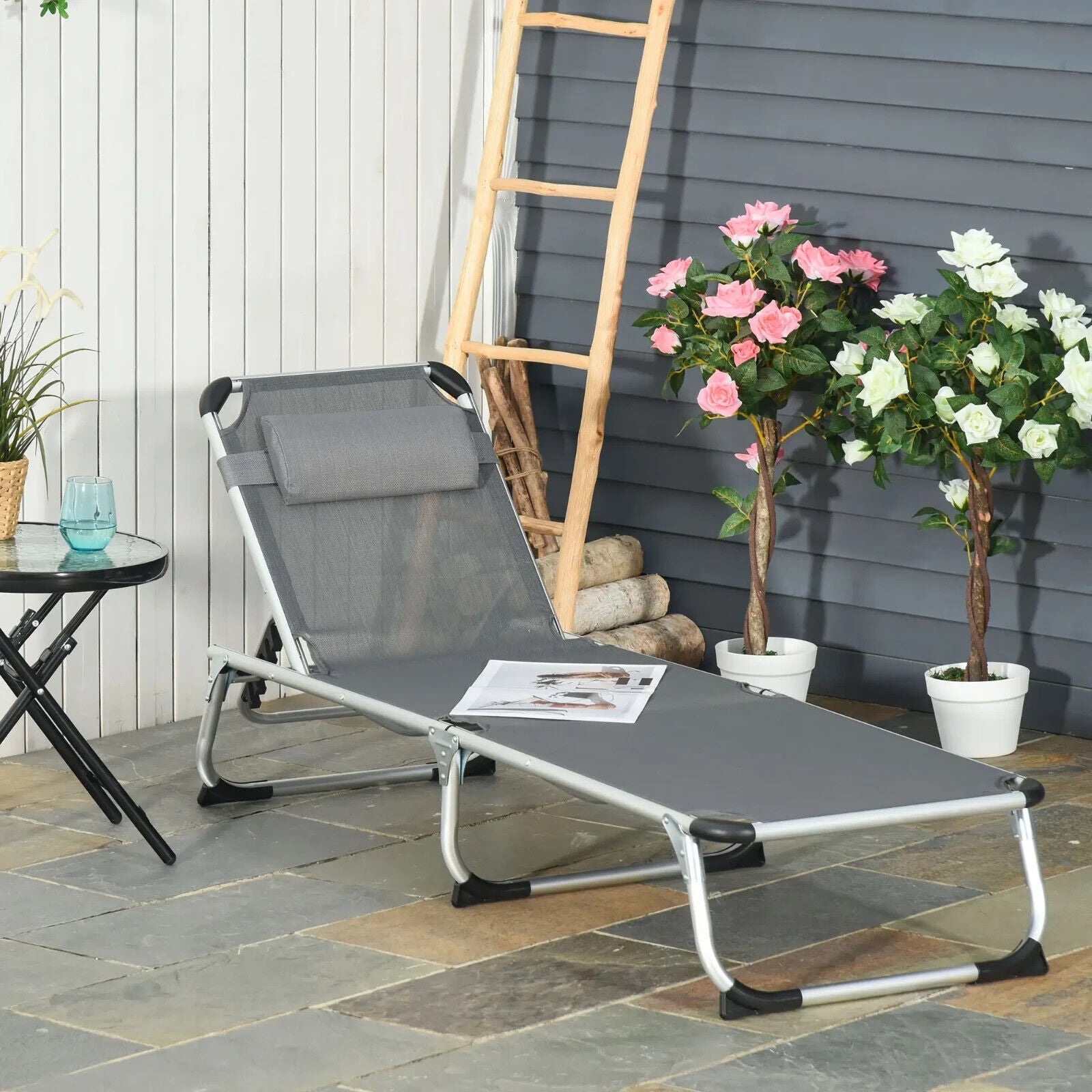 Folding Outdoor Reclining Sun Lounger Chair, Pillow Aluminium Frame Grey Garden - Home and Garden Furniture Shop - #rustic - furniture#