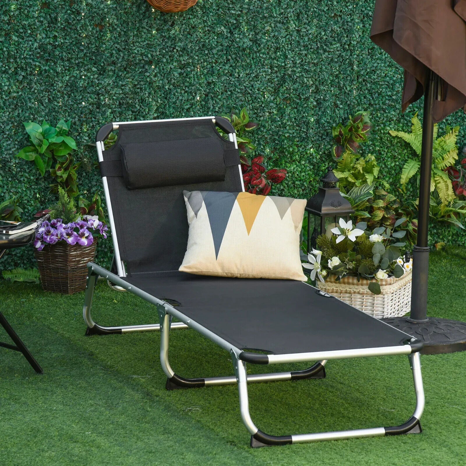 Folding Outdoor Reclining Sun Lounger Chair with Aluminium Frame Garden Black - Home and Garden Furniture Shop - #rustic - furniture#