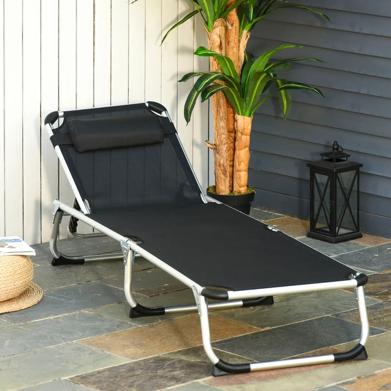 Folding Outdoor Reclining Sun Lounger Chair with Aluminium Frame Garden Black - Home and Garden Furniture Shop - #rustic - furniture#