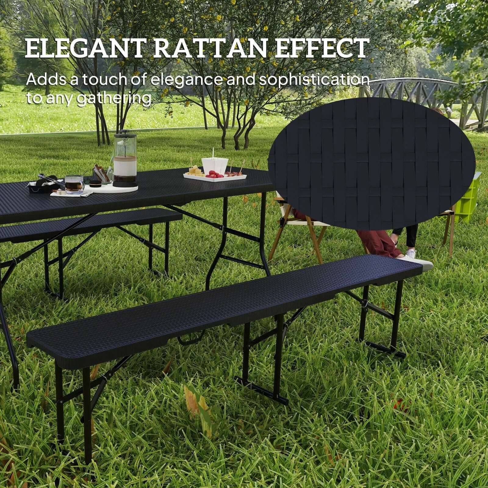 Folding Picnic Table and Bench Set Rattan Effect with Carry Handles for Camping - Home and Garden Furniture Shop - #rustic - furniture#