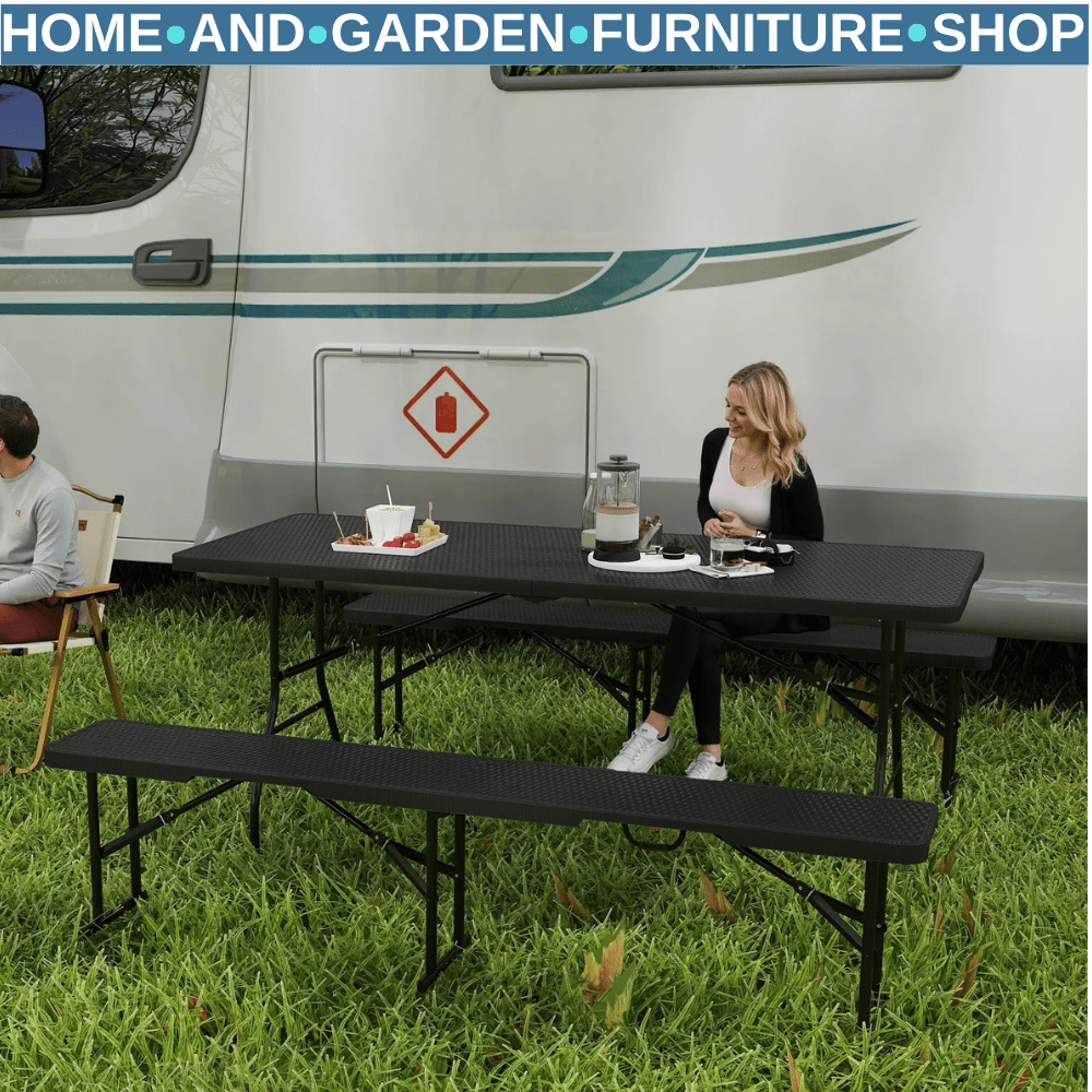 Folding Picnic Table and Bench Set Rattan Effect with Carry Handles for Camping - Home and Garden Furniture Shop - #rustic - furniture#