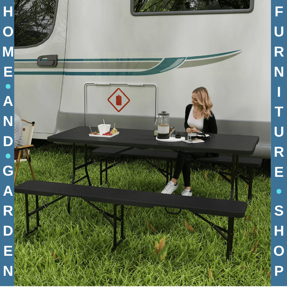 Folding Picnic Table and Bench Set Rattan Effect with Carry Handles for Camping - Home and Garden Furniture Shop - #rustic - furniture#