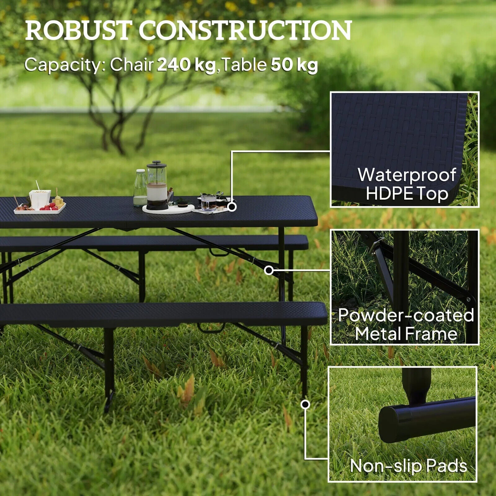 Folding Picnic Table and Bench Set Rattan Effect with Carry Handles for Camping - Home and Garden Furniture Shop - #rustic - furniture#