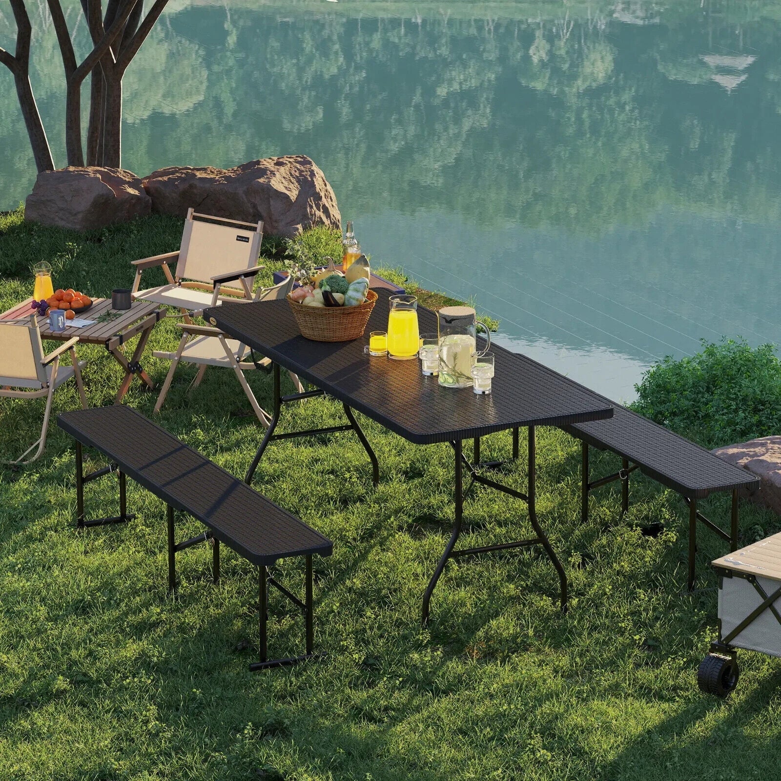 Folding Picnic Table and Bench Set Rattan Effect with Carry Handles for Camping - Home and Garden Furniture Shop - #rustic - furniture#