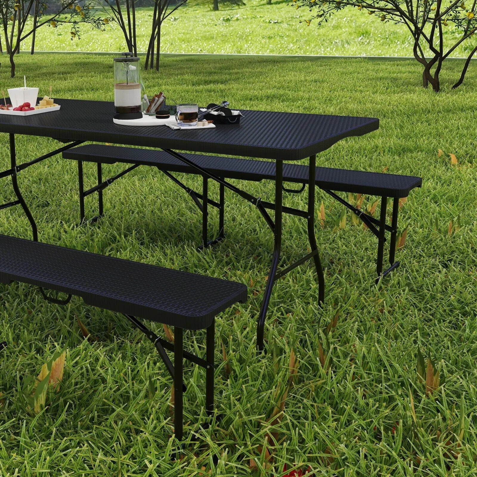 Folding Picnic Table and Bench Set Rattan Effect with Carry Handles for Camping - Home and Garden Furniture Shop - #rustic - furniture#