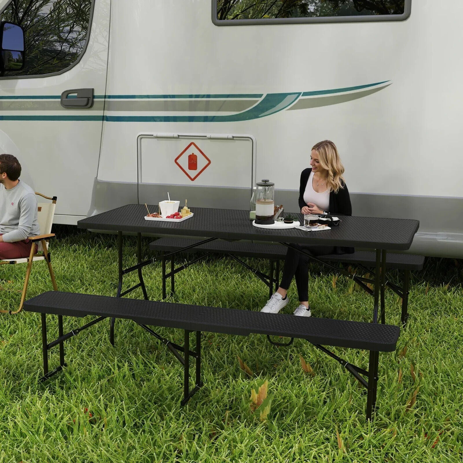 Folding Picnic Table and Bench Set Rattan Effect with Carry Handles for Camping - Home and Garden Furniture Shop - #rustic - furniture#