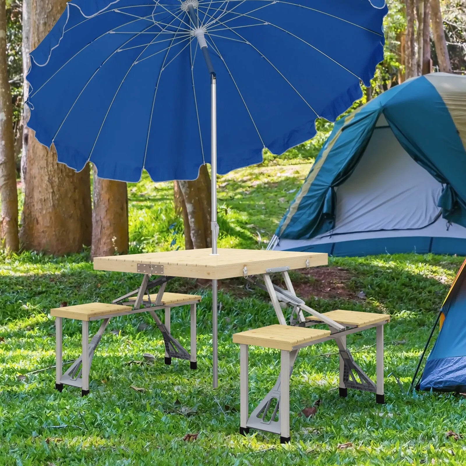 Folding Picnic Table and Chairs Set Portable Camping Table with Umbrella Hole - Home and Garden Furniture Shop - rustic - furniture