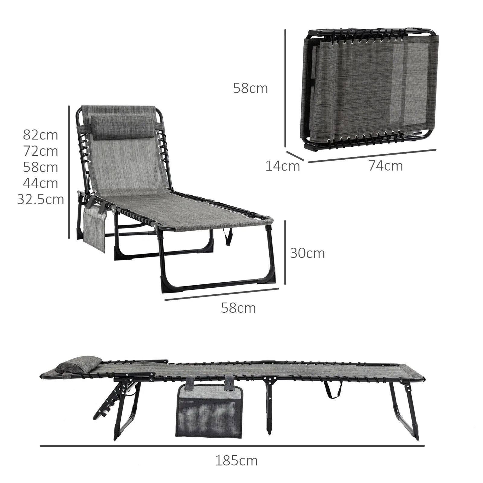 Folding Reclining Camping Bed Lounger with 5 Position Adjustable Backrest Grey - Home and Garden Furniture Shop - #rustic - furniture#