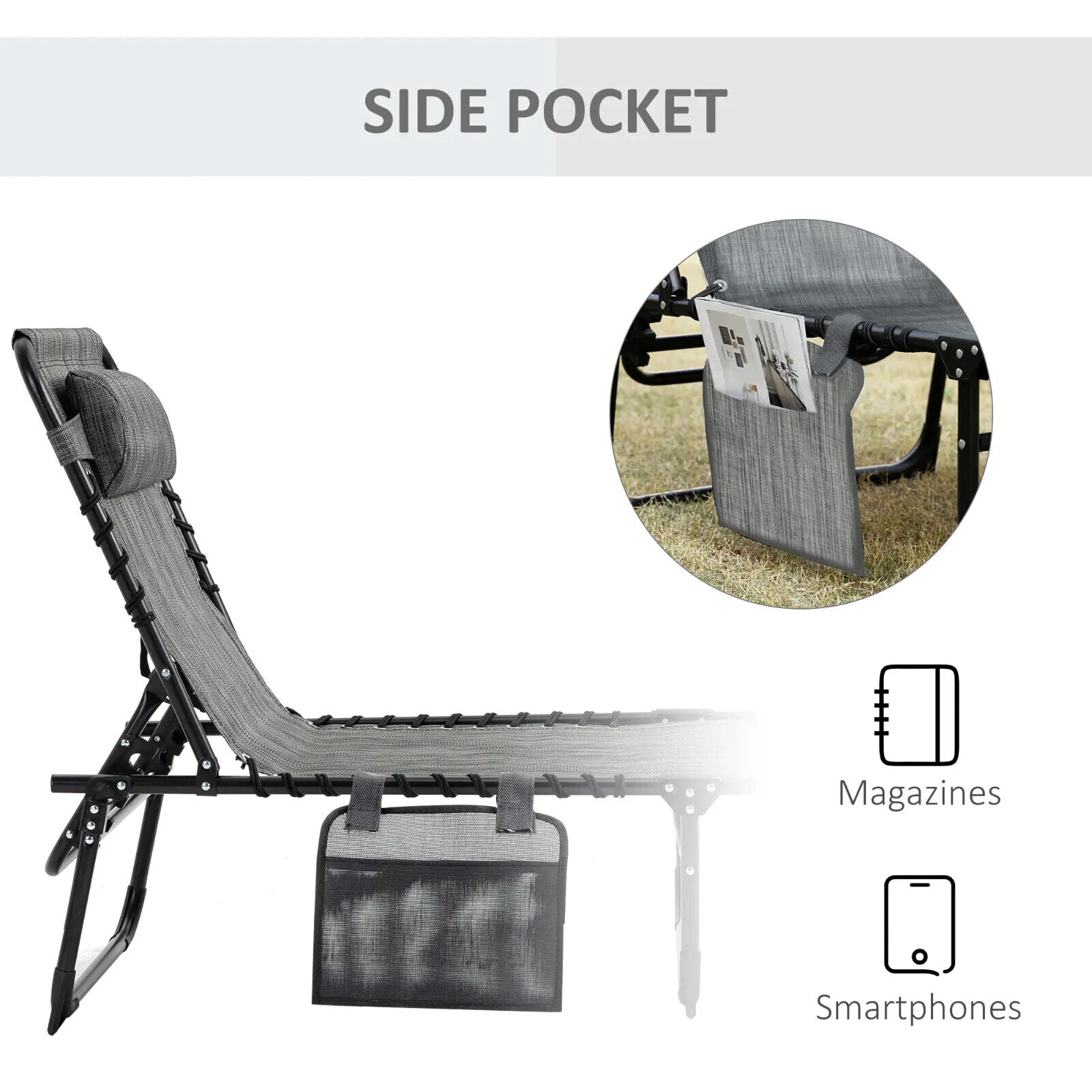 Folding Reclining Camping Bed Lounger with 5 Position Adjustable Backrest Grey - Home and Garden Furniture Shop - #rustic - furniture#