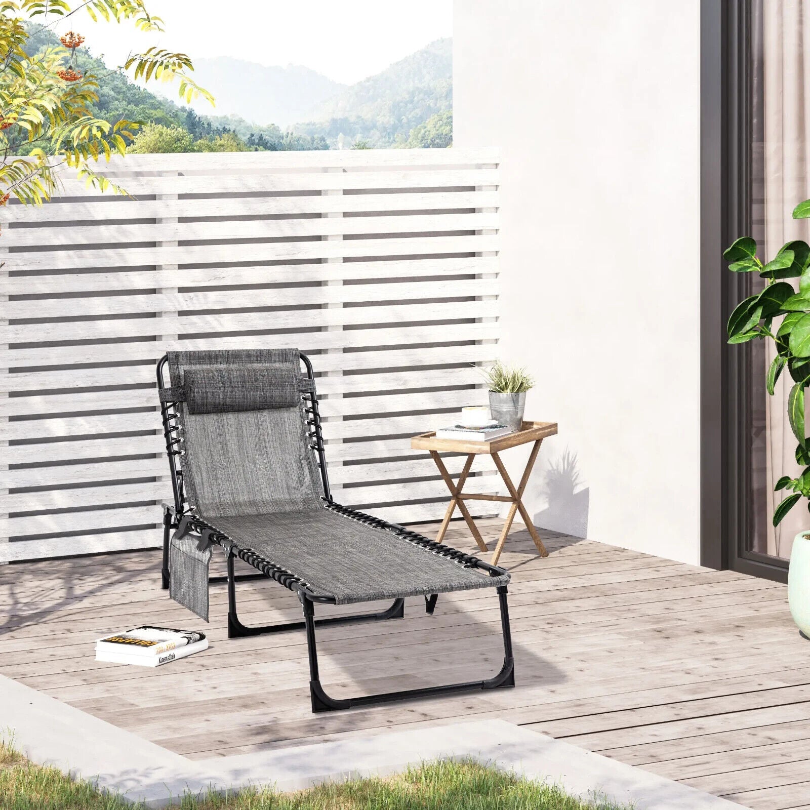 Folding Reclining Camping Bed Lounger with 5 Position Adjustable Backrest Grey - Home and Garden Furniture Shop - #rustic - furniture#