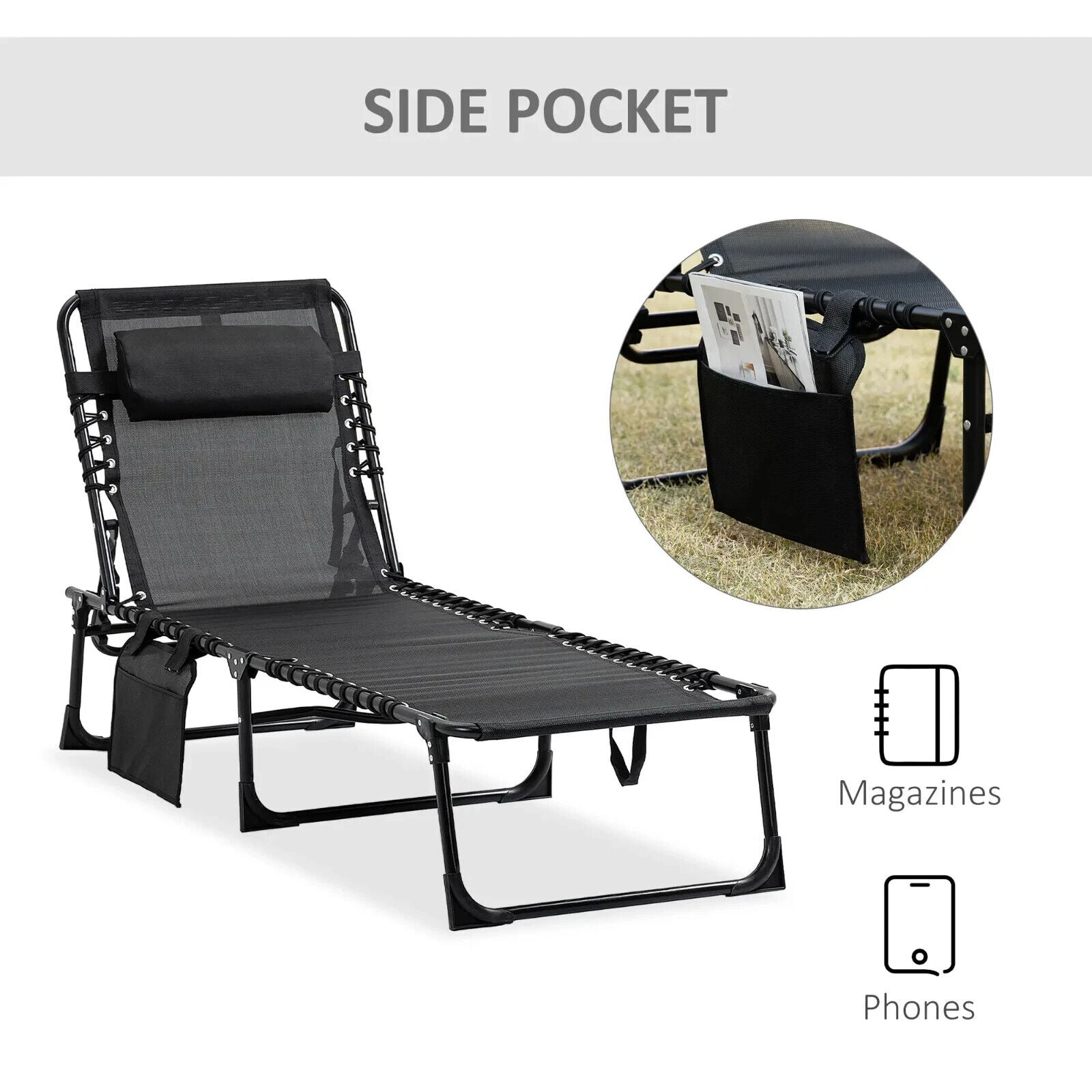 Folding Reclining Camping Lounger Bed with 5 Position Adjustable Backrest Black - Home and Garden Furniture Shop - #rustic - furniture#