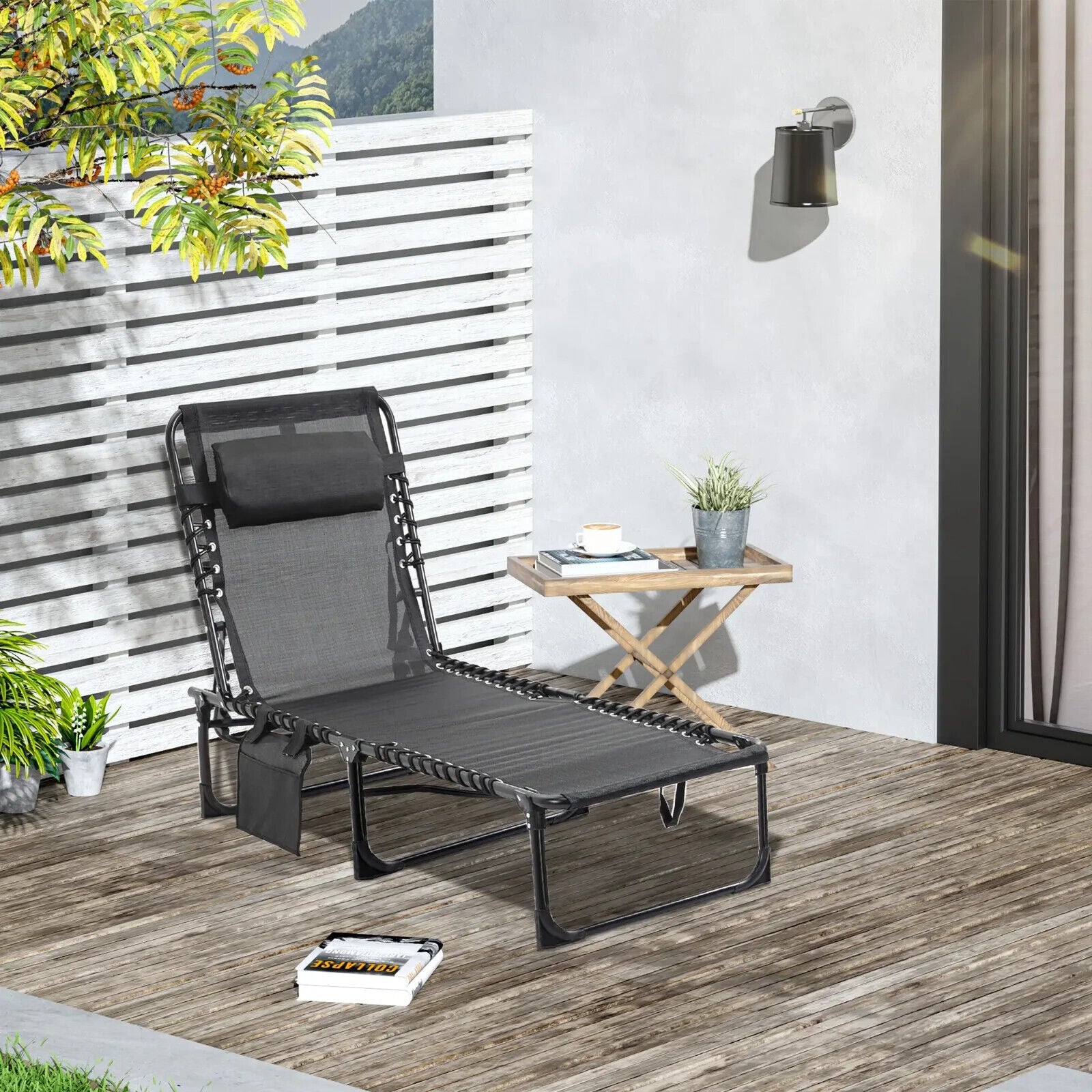 Folding Reclining Camping Lounger Bed with 5 Position Adjustable Backrest Black - Home and Garden Furniture Shop - #rustic - furniture#