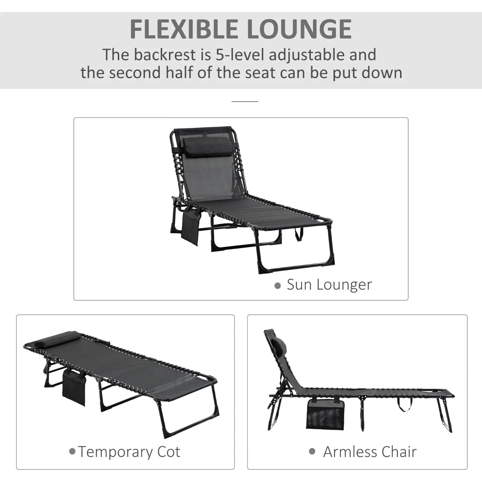 Folding Reclining Camping Lounger Bed with 5 Position Adjustable Backrest Black - Home and Garden Furniture Shop - #rustic - furniture#
