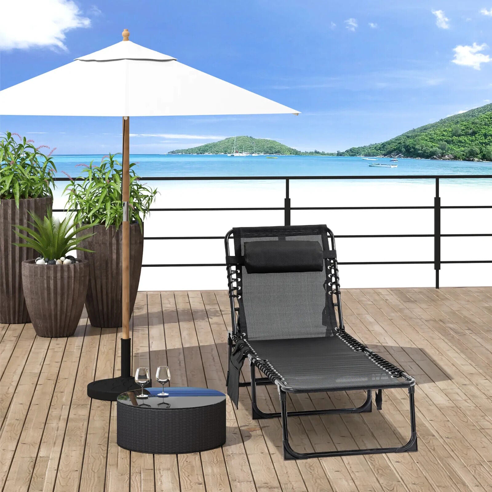 Folding Reclining Camping Lounger Bed with 5 Position Adjustable Backrest Black - Home and Garden Furniture Shop - #rustic - furniture#
