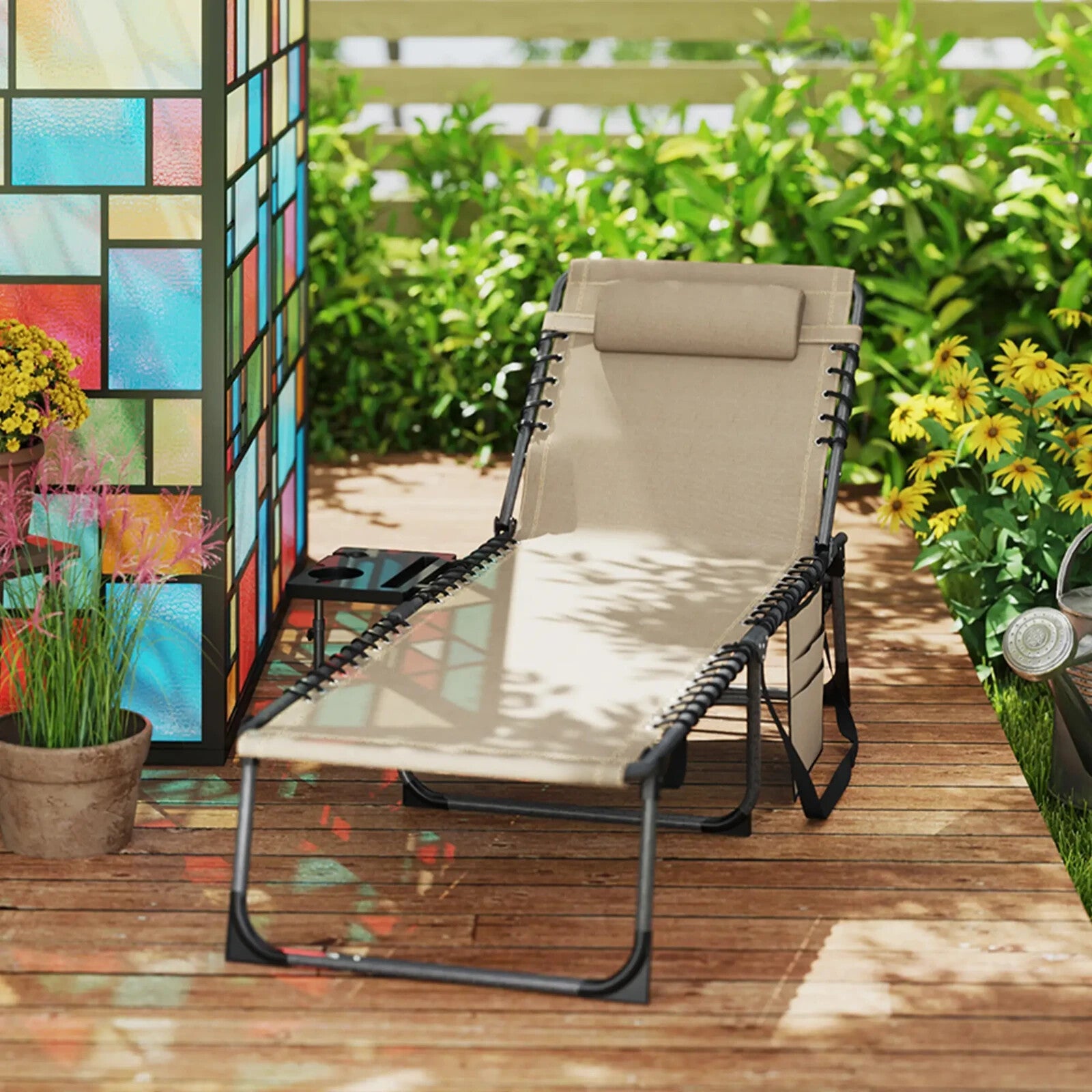 Folding Sun Lounger with Side Table Adjustable Reclining Garden Chair Portable - Home and Garden Furniture Shop - rustic - furniture