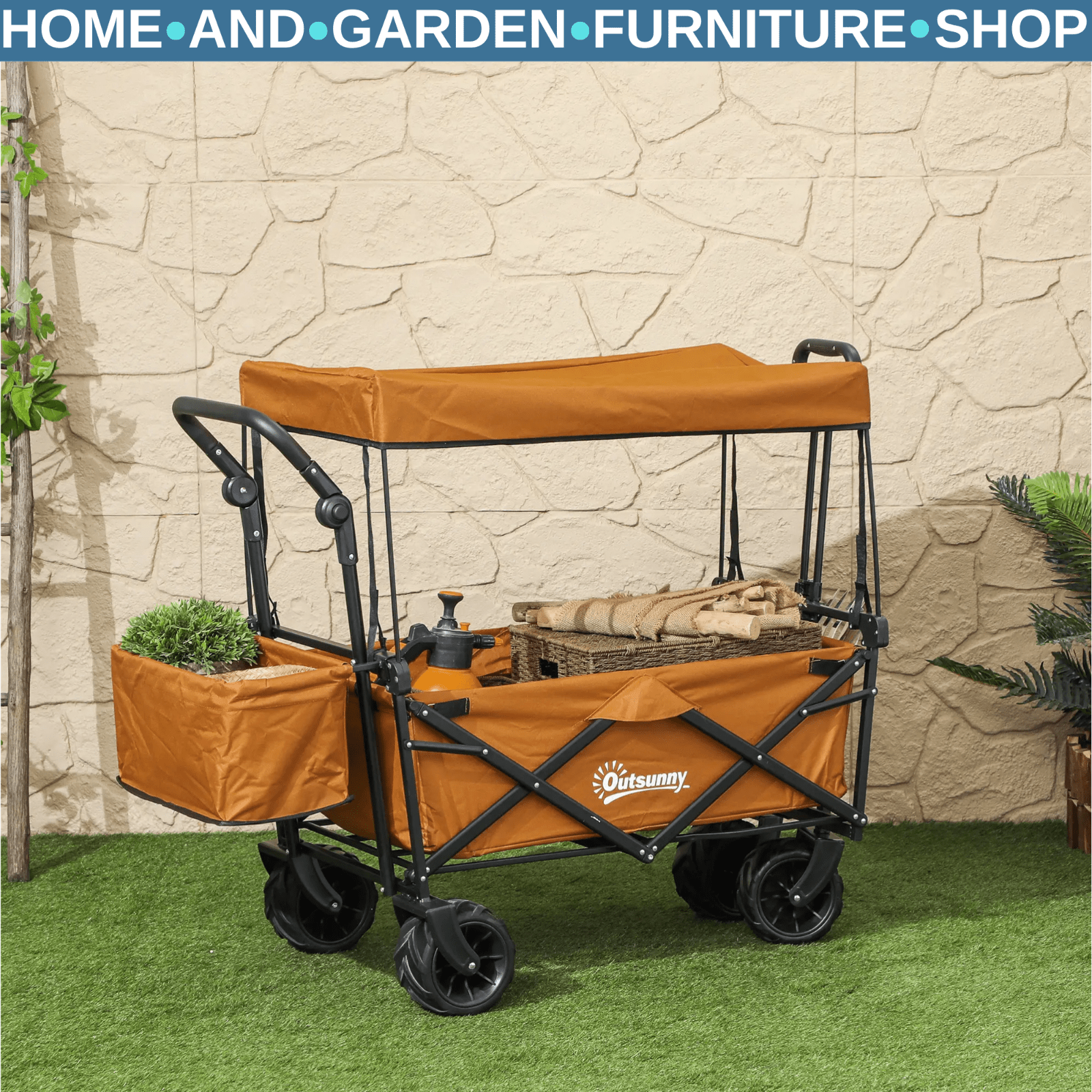 Folding Trolley Cart Storage Wagon with 2 Compartments, Handle, and Canopy - Home and Garden Furniture Shop - #rustic - furniture#