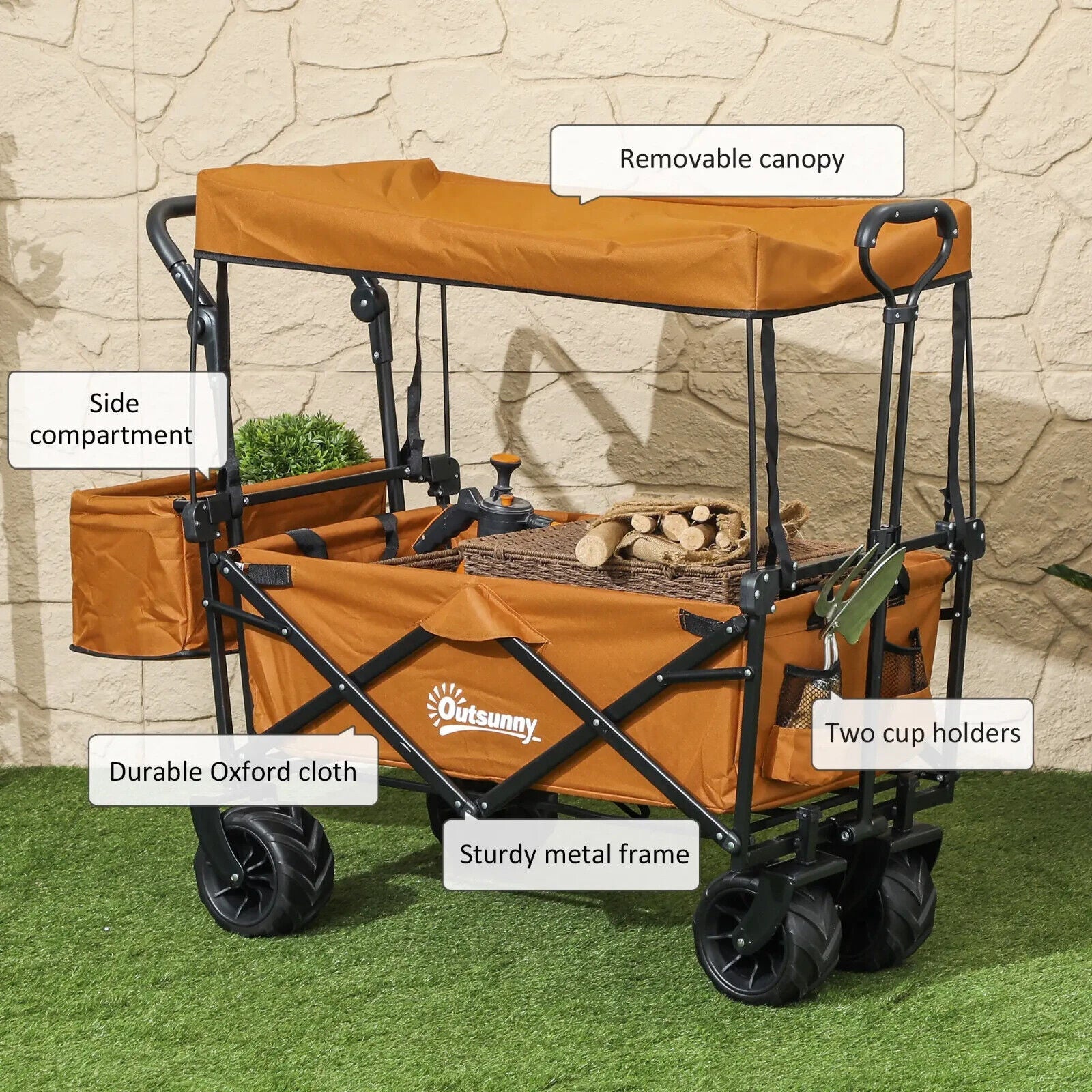 Folding Trolley Cart Storage Wagon with 2 Compartments, Handle, and Canopy - Home and Garden Furniture Shop - #rustic - furniture#