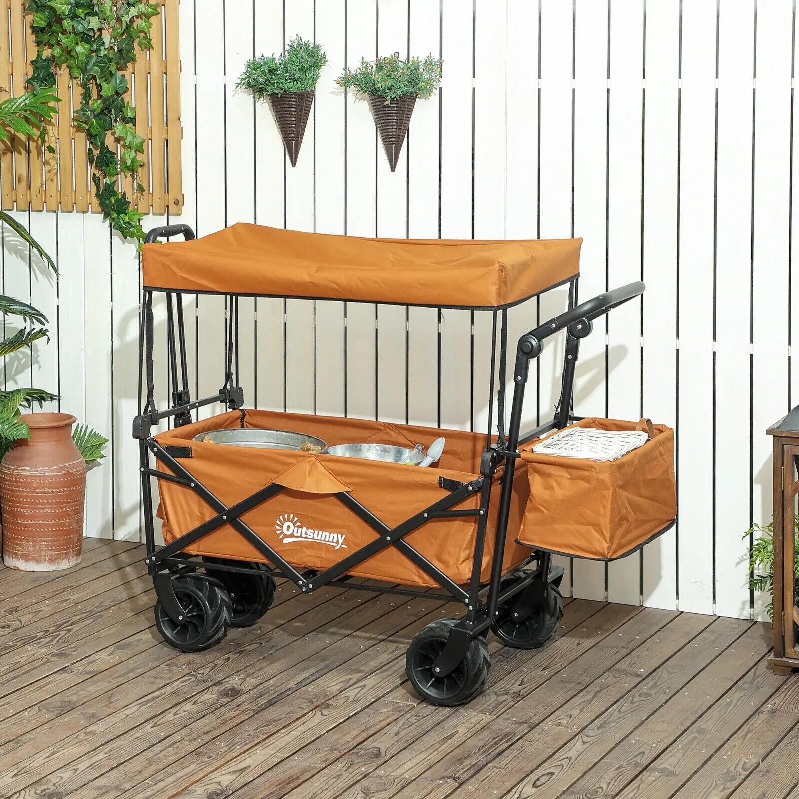 Folding Trolley Cart Storage Wagon with 2 Compartments, Handle, and Canopy - Home and Garden Furniture Shop - #rustic - furniture#