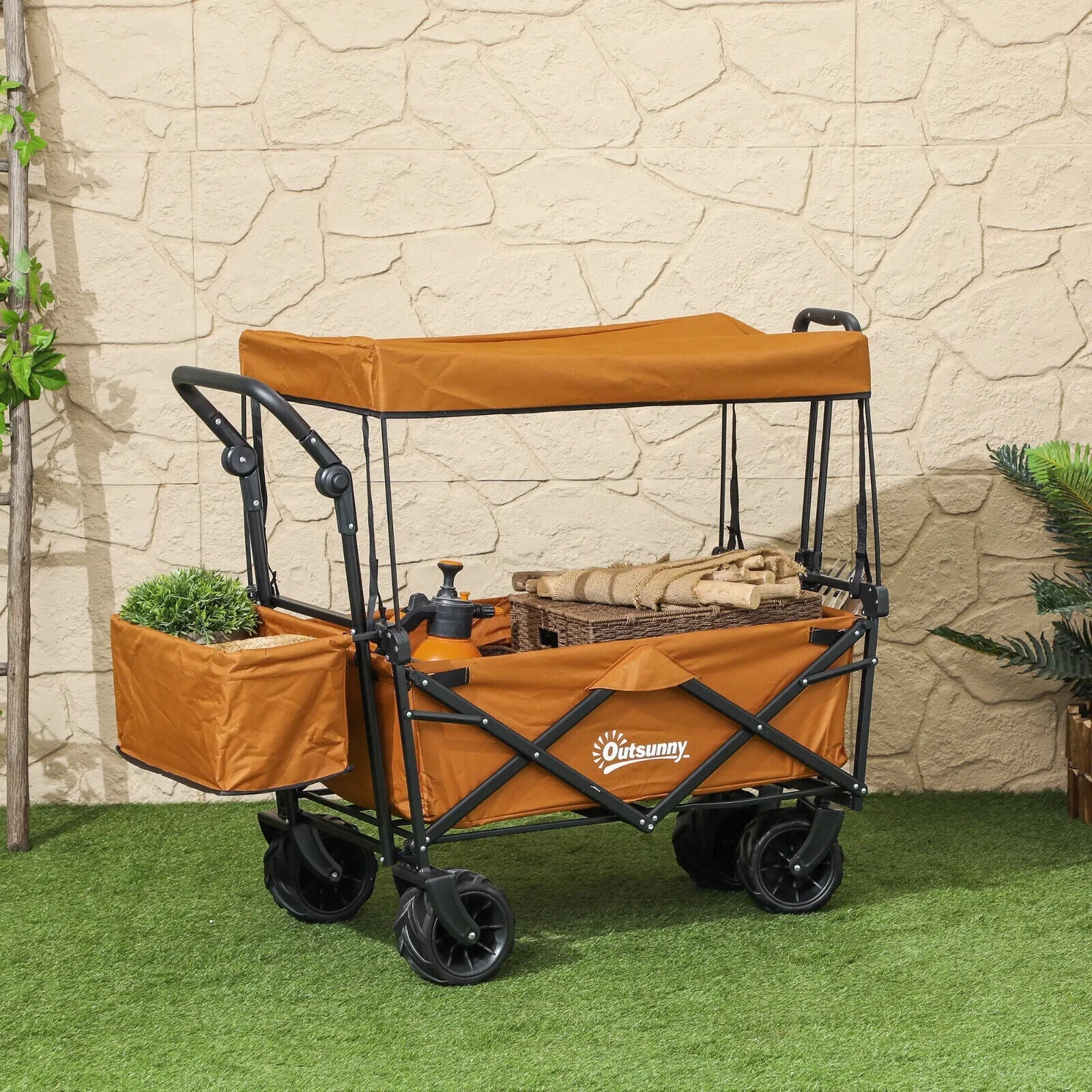 Folding Trolley Cart Storage Wagon with 2 Compartments, Handle, and Canopy - Home and Garden Furniture Shop - #rustic - furniture#
