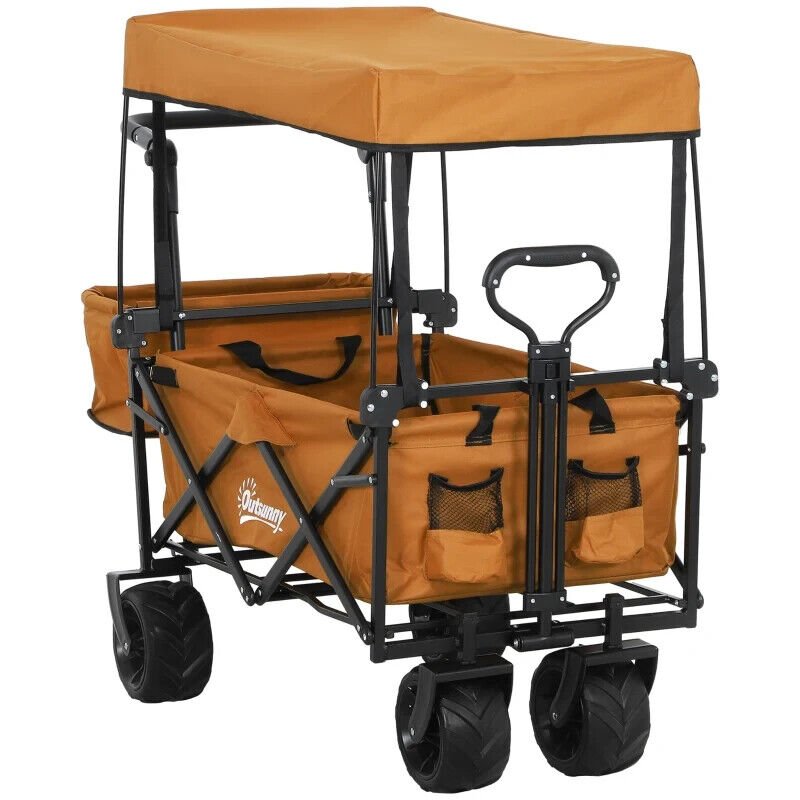 Folding Trolley Cart Storage Wagon with 2 Compartments, Handle, and Canopy - Home and Garden Furniture Shop - #rustic - furniture#
