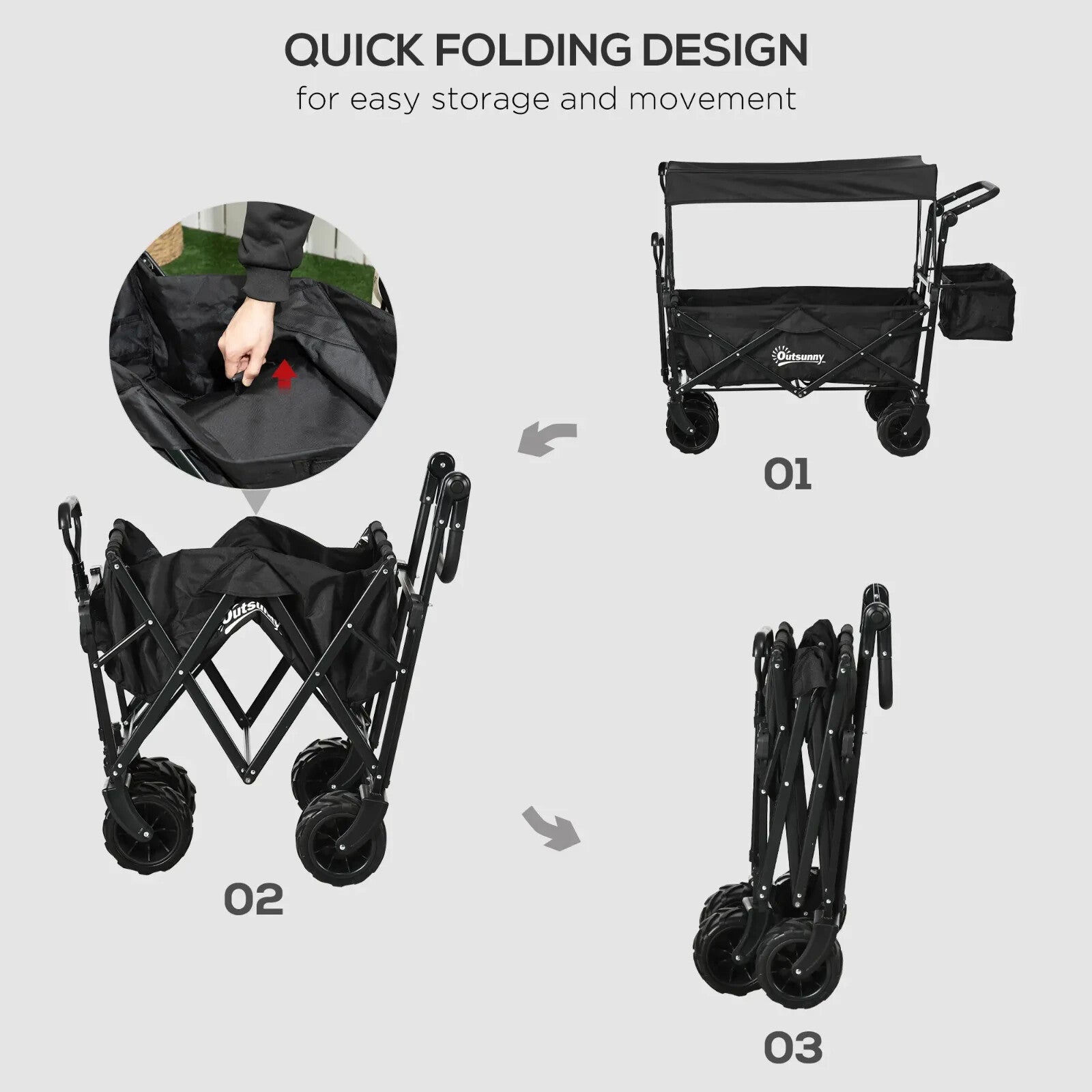 Folding Trolley Cart with Canopy & 4 - Wheel Beach Wagon Push Pull Trailer Black - Home and Garden Furniture Shop - rustic - furniture