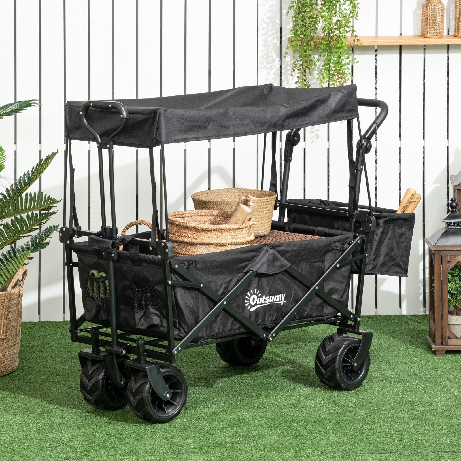 Folding Trolley Cart with Canopy & 4 - Wheel Beach Wagon Push Pull Trailer Black - Home and Garden Furniture Shop - rustic - furniture
