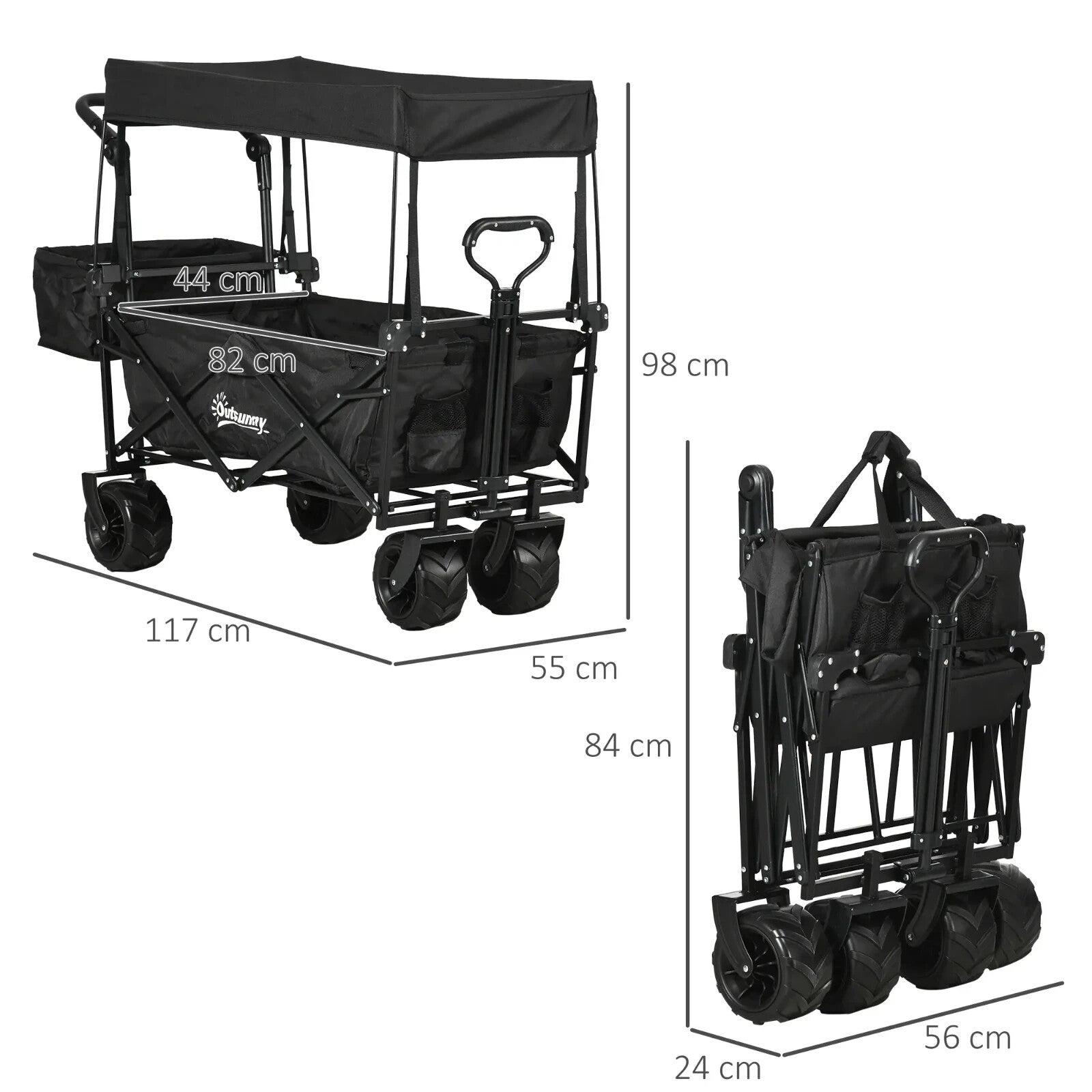 Folding Trolley Cart with Canopy & 4 - Wheel Beach Wagon Push Pull Trailer Black - Home and Garden Furniture Shop - rustic - furniture