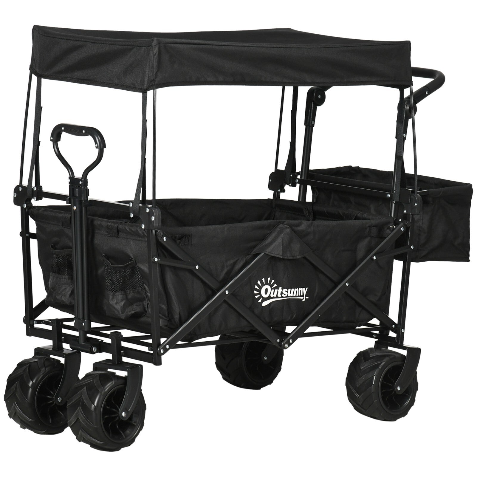 Folding Trolley Cart with Canopy & 4 - Wheel Beach Wagon Push Pull Trailer Black - Home and Garden Furniture Shop - rustic - furniture