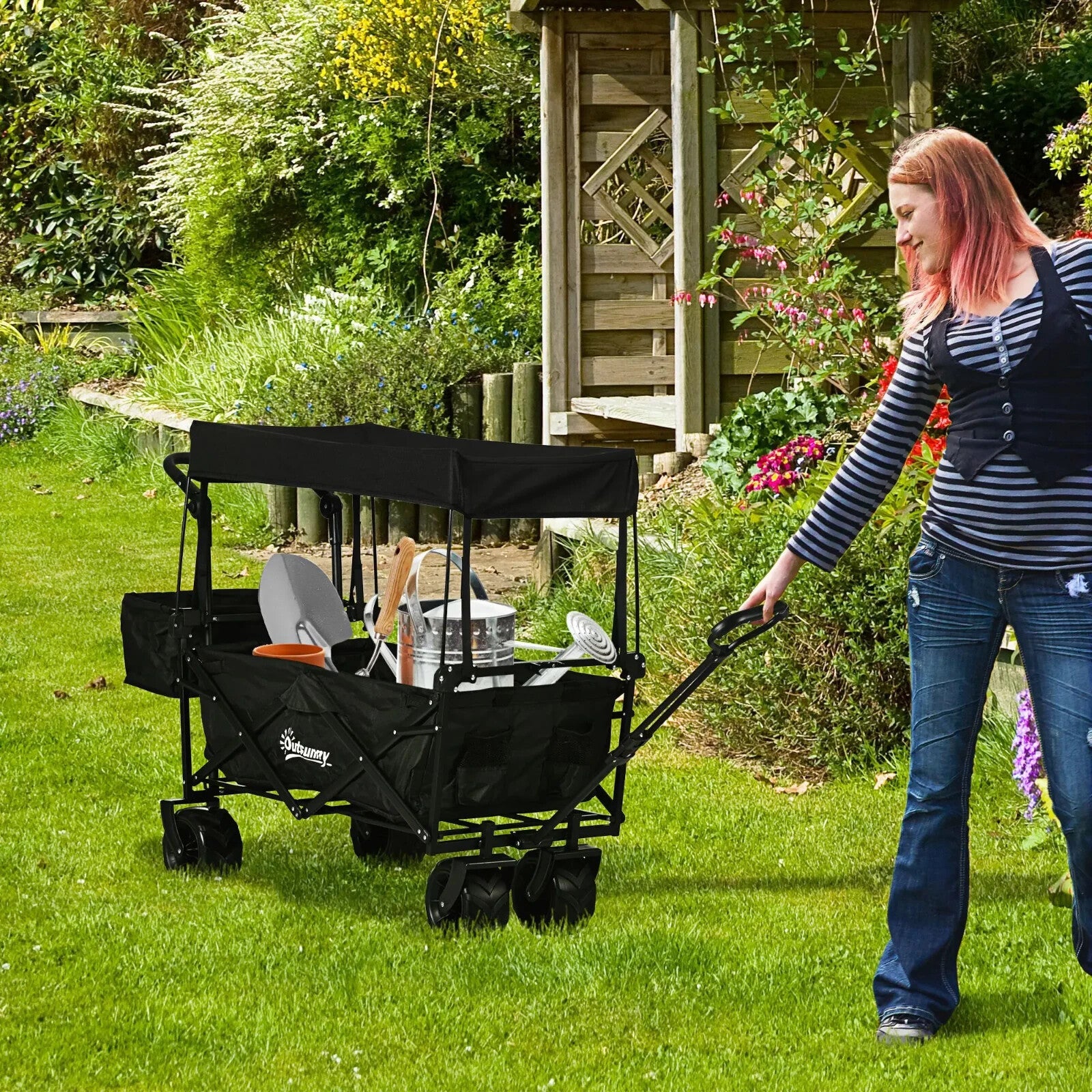Folding Trolley Cart with Canopy & 4 - Wheel Beach Wagon Push Pull Trailer Black - Home and Garden Furniture Shop - rustic - furniture